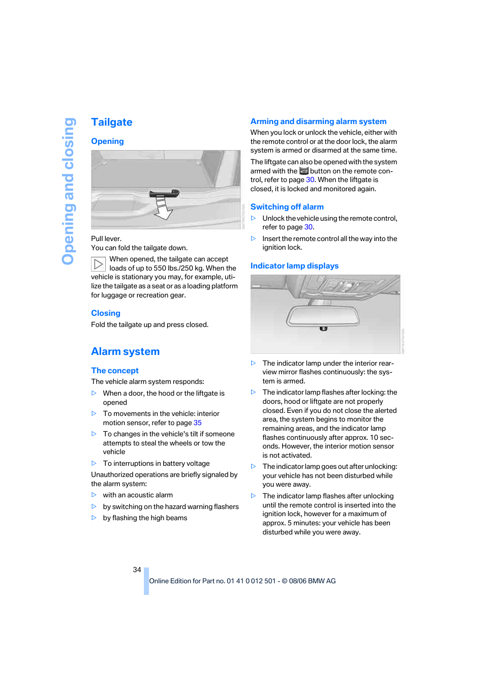 Tailgate, Alarm system, Opening and closing | BMW X5 3.0si SAV 2007 User Manual | Page 36 / 272