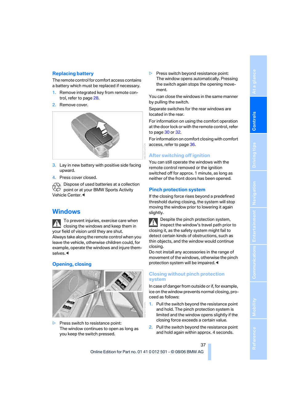 Windows | BMW X5 3.0si SAV 2007 User Manual | Page 39 / 272