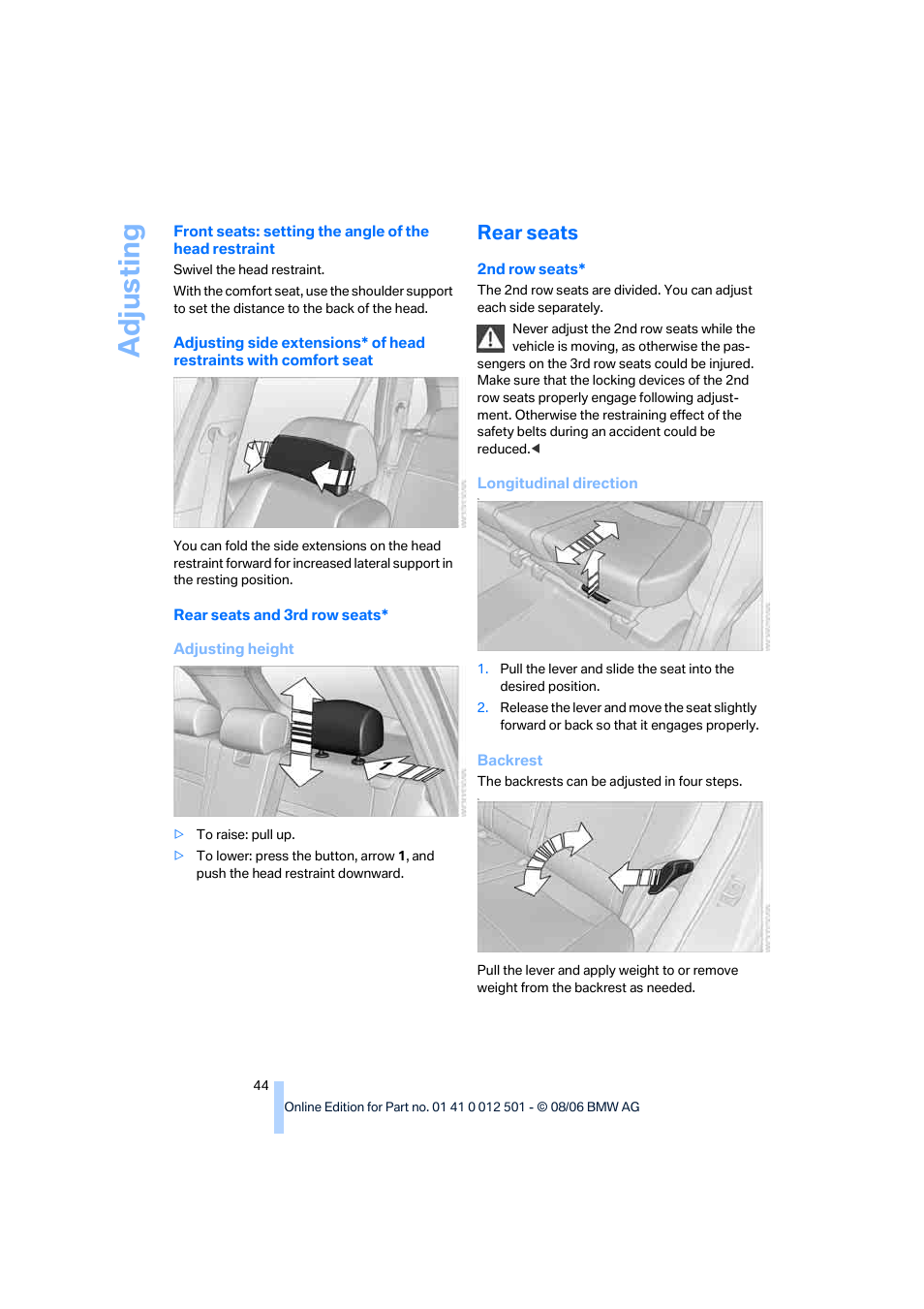 Rear seats, Adju sting | BMW X5 3.0si SAV 2007 User Manual | Page 46 / 272