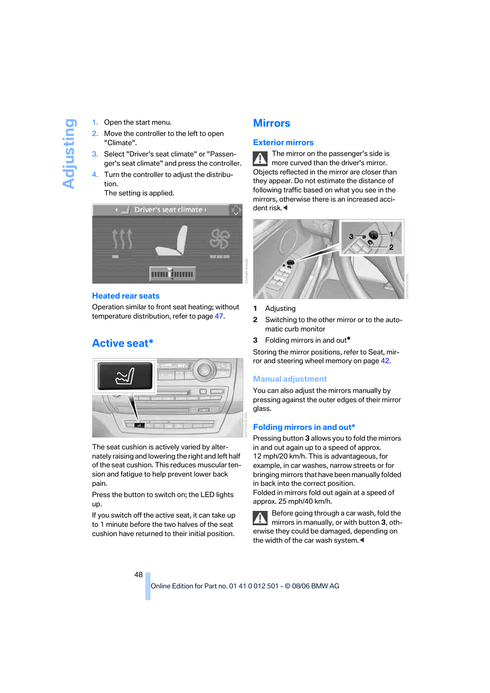 Active seat, Mirrors, Adju sting | BMW X5 3.0si SAV 2007 User Manual | Page 50 / 272