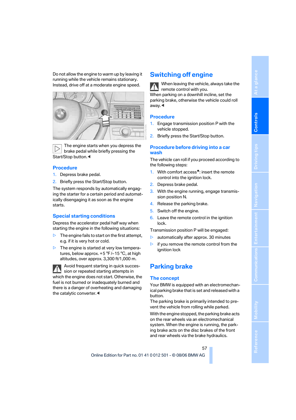 Switching off engine, Parking brake | BMW X5 3.0si SAV 2007 User Manual | Page 59 / 272