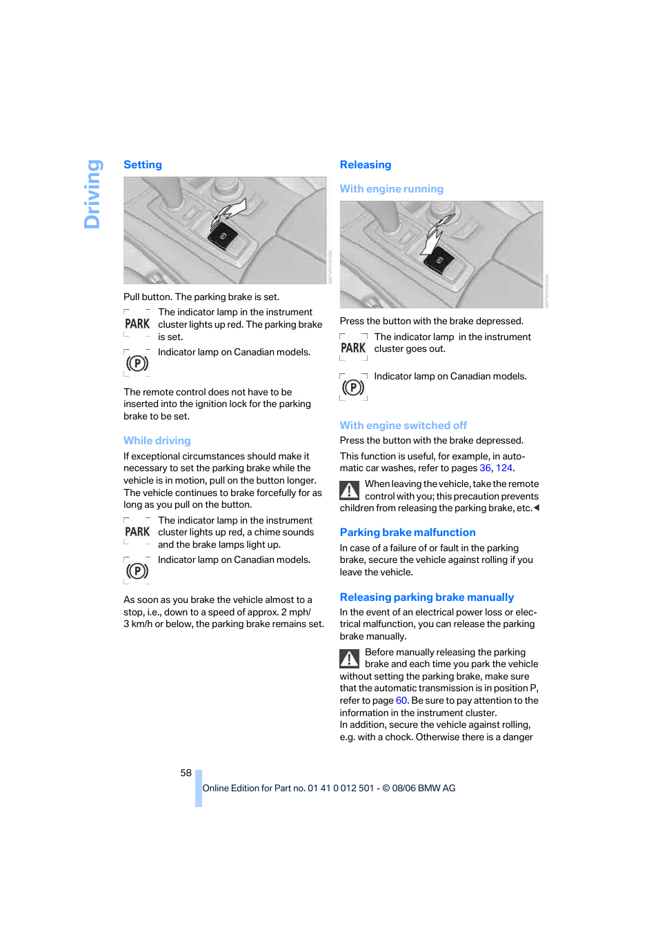 Driving | BMW X5 3.0si SAV 2007 User Manual | Page 60 / 272