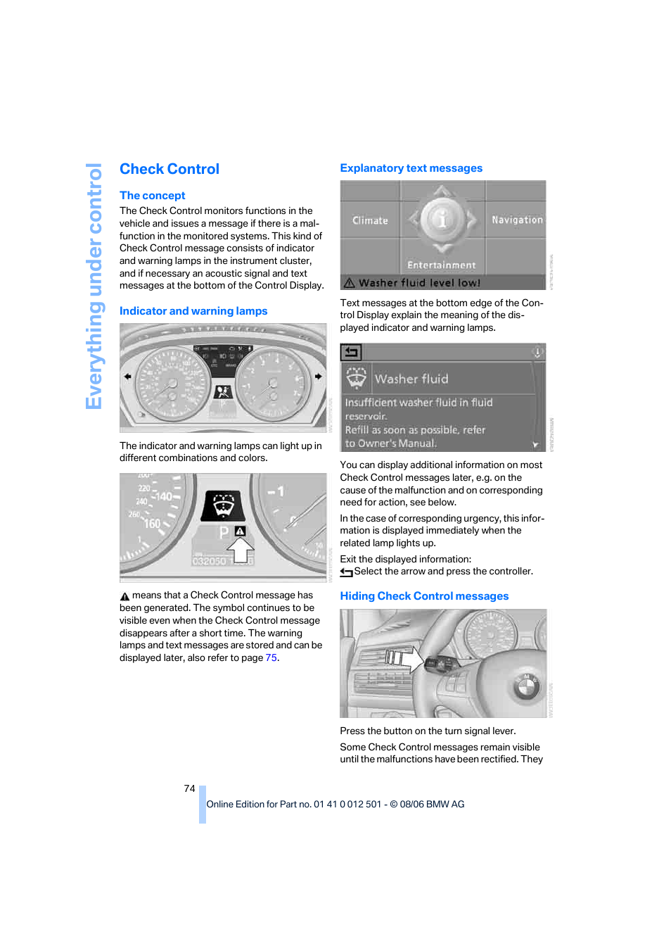 Check control, Check con- trol, r, Eve ryth ing un de r co nt rol | BMW X5 3.0si SAV 2007 User Manual | Page 76 / 272