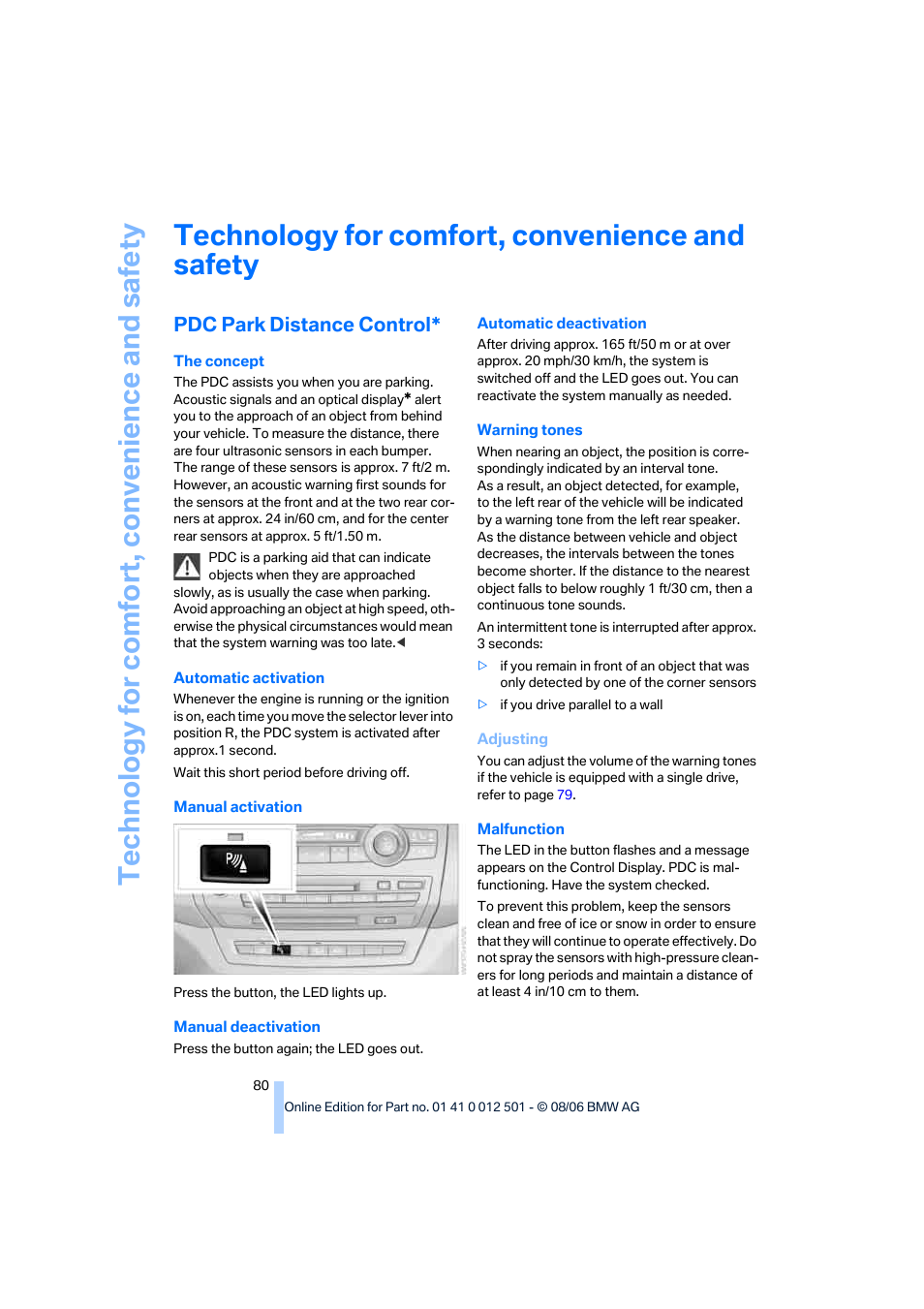 Technology for comfort, convenience and safety, Pdc park distance control | BMW X5 3.0si SAV 2007 User Manual | Page 82 / 272