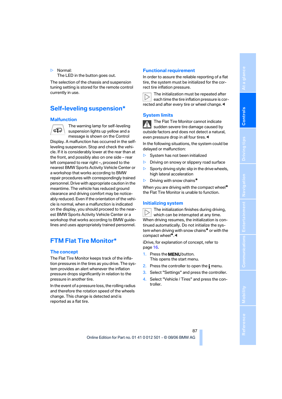 Self-leveling suspension, Ftm flat tire monitor | BMW X5 3.0si SAV 2007 User Manual | Page 89 / 272