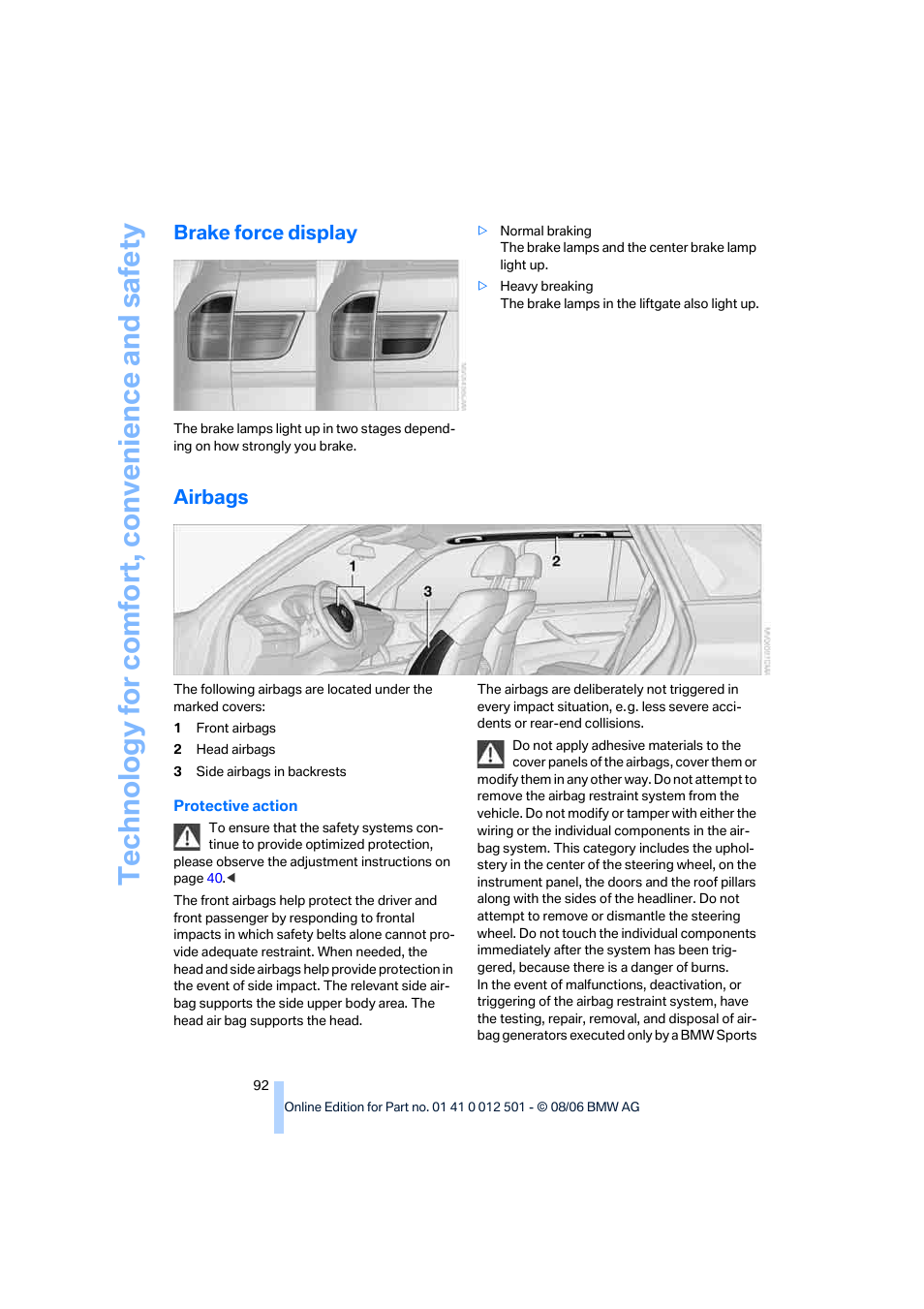 Brake force display, Airbags | BMW X5 3.0si SAV 2007 User Manual | Page 94 / 272