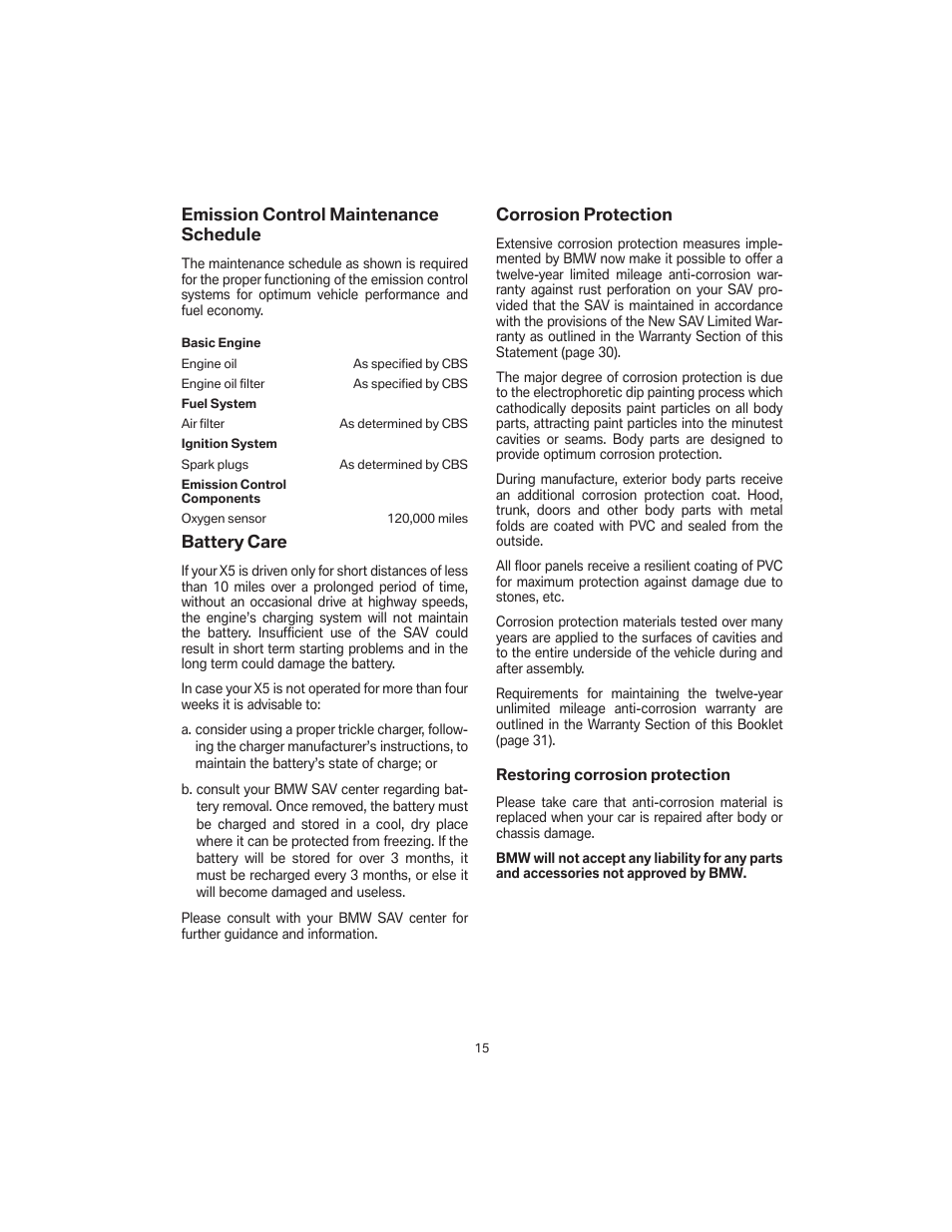 Emission control maintenance schedule, Battery care, Corrosion protection | BMW X5 4.8i SAV 2007 User Manual | Page 19 / 54