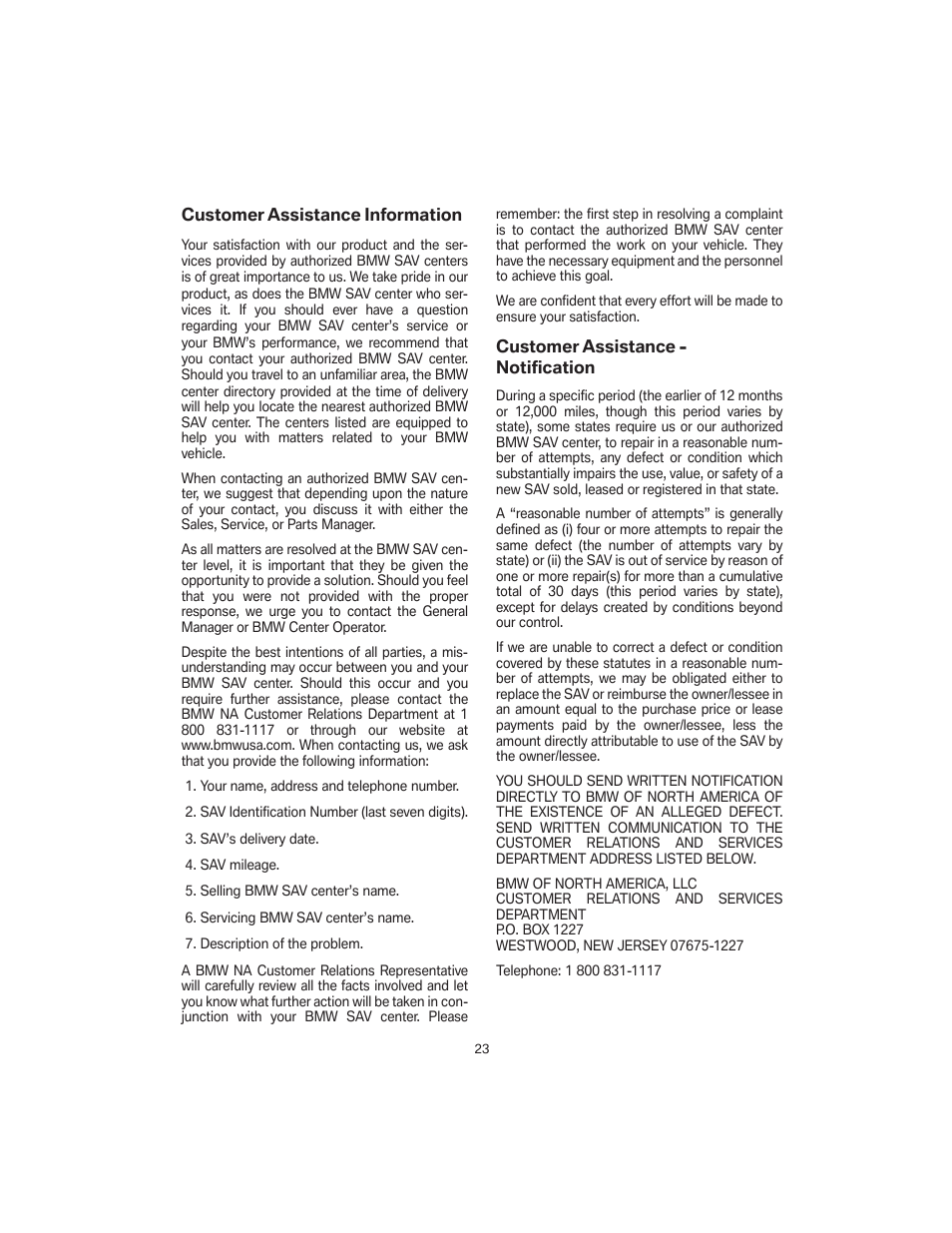 Customer assistance information, Customer assistance - notification | BMW X5 4.8i SAV 2007 User Manual | Page 27 / 54