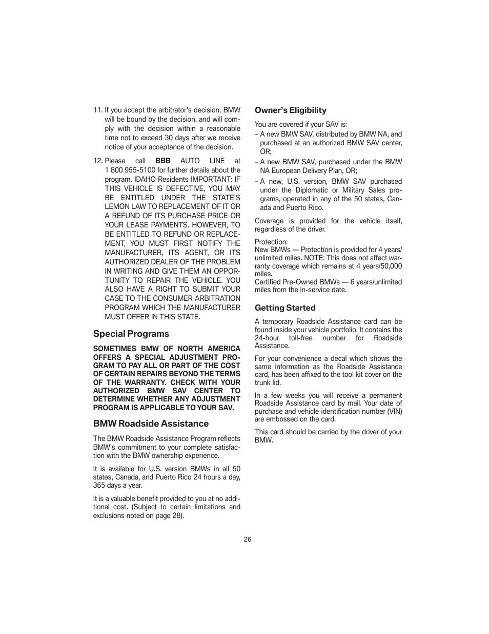 Special programs, Bmw roadside assistance | BMW X5 4.8i SAV 2007 User Manual | Page 30 / 54