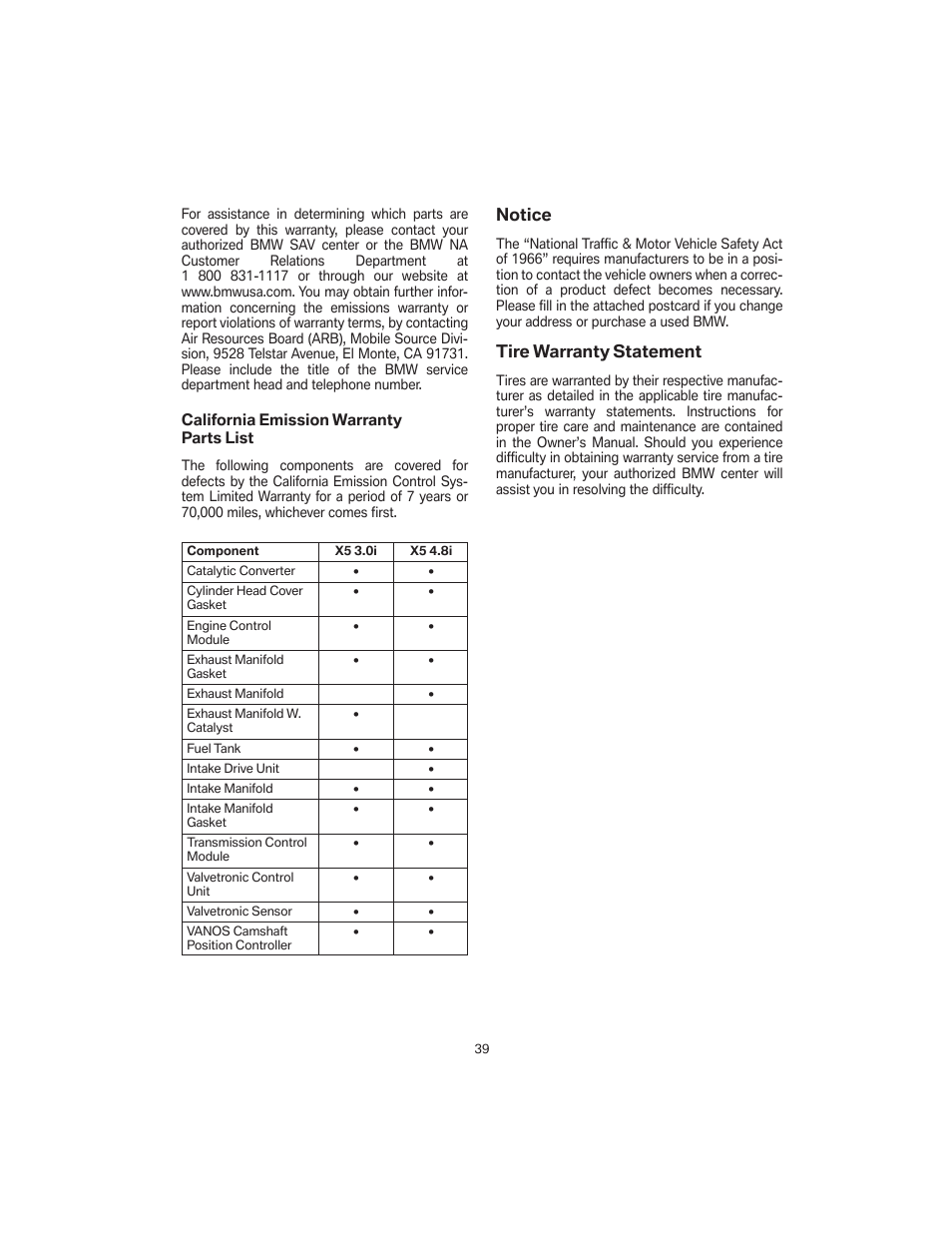 Notice, Tire warranty statement | BMW X5 4.8i SAV 2007 User Manual | Page 43 / 54