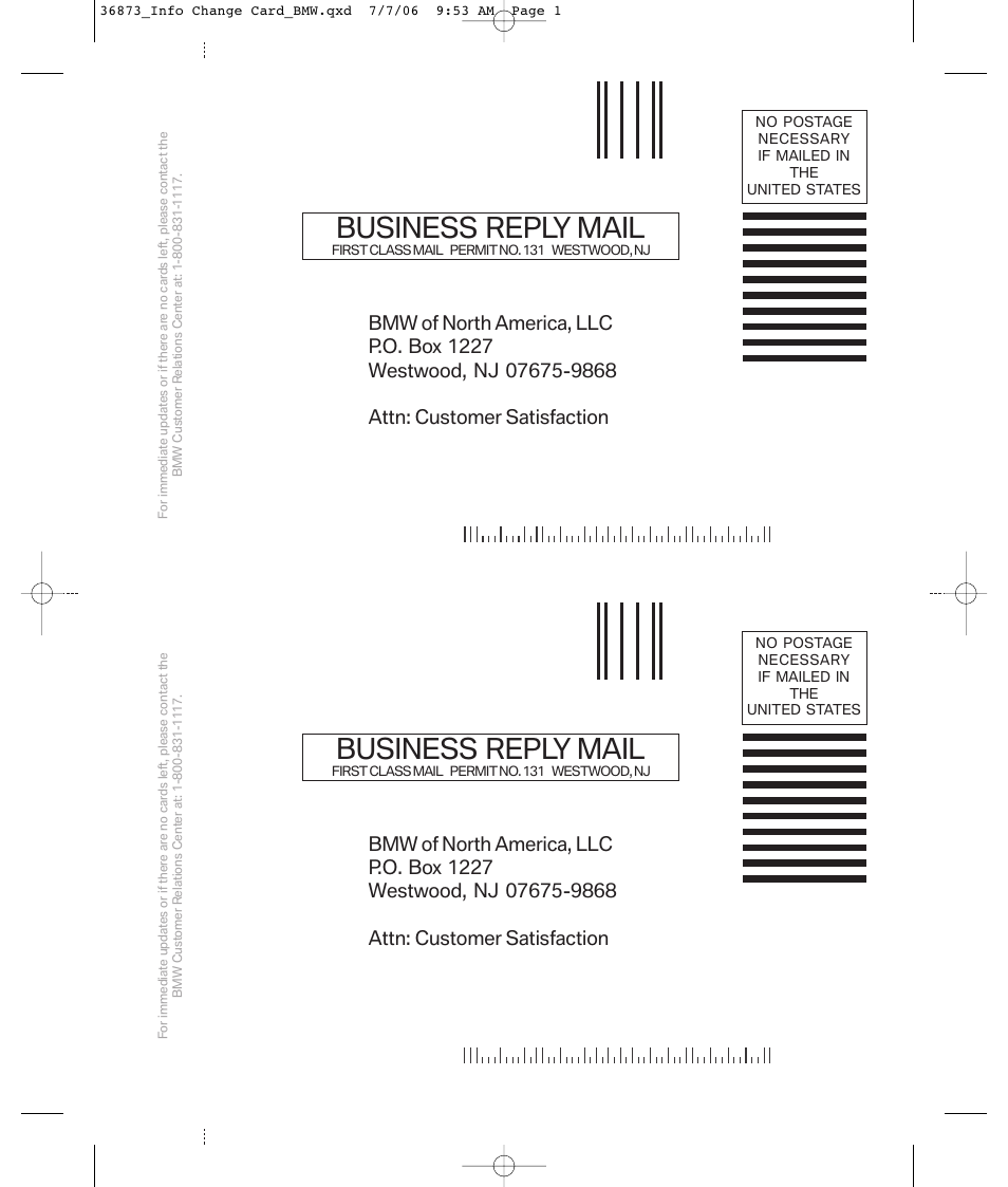 Business reply mail | BMW X5 4.8i SAV 2007 User Manual | Page 51 / 54