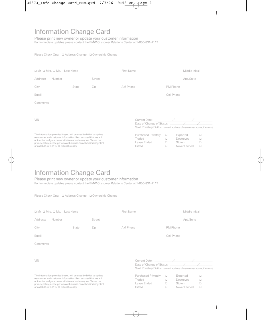 Information change card | BMW X5 4.8i SAV 2007 User Manual | Page 52 / 54