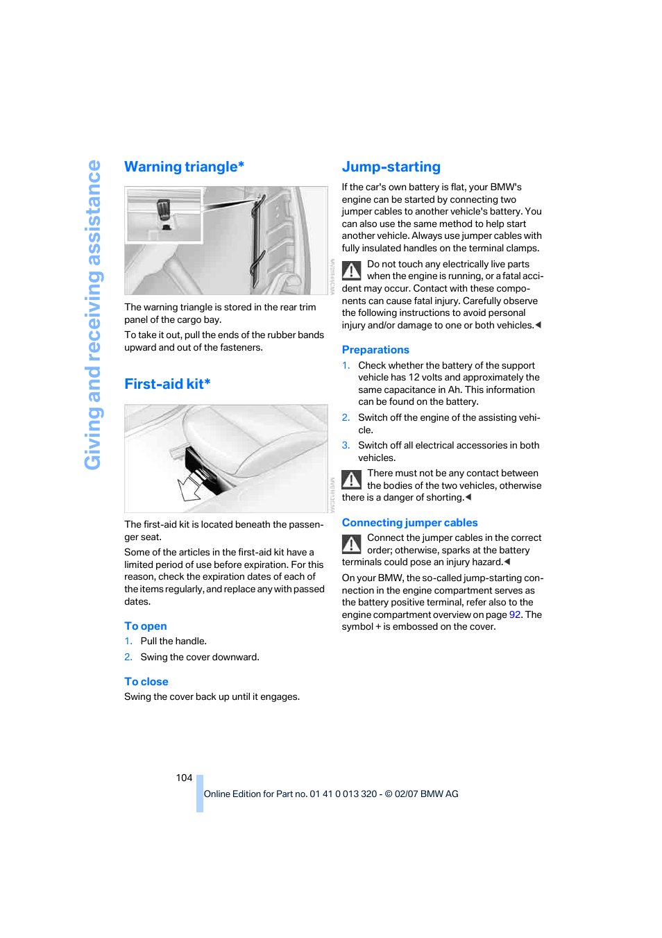 Warning triangle, First-aid kit, Jump-starting | Giving and receiv ing as sistance | BMW Z4 Roadster 3.0si 2007 User Manual | Page 106 / 132