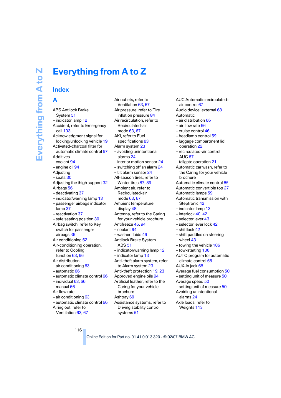 Everything from a to z, Index, Index a | BMW Z4 Roadster 3.0si 2007 User Manual | Page 118 / 132