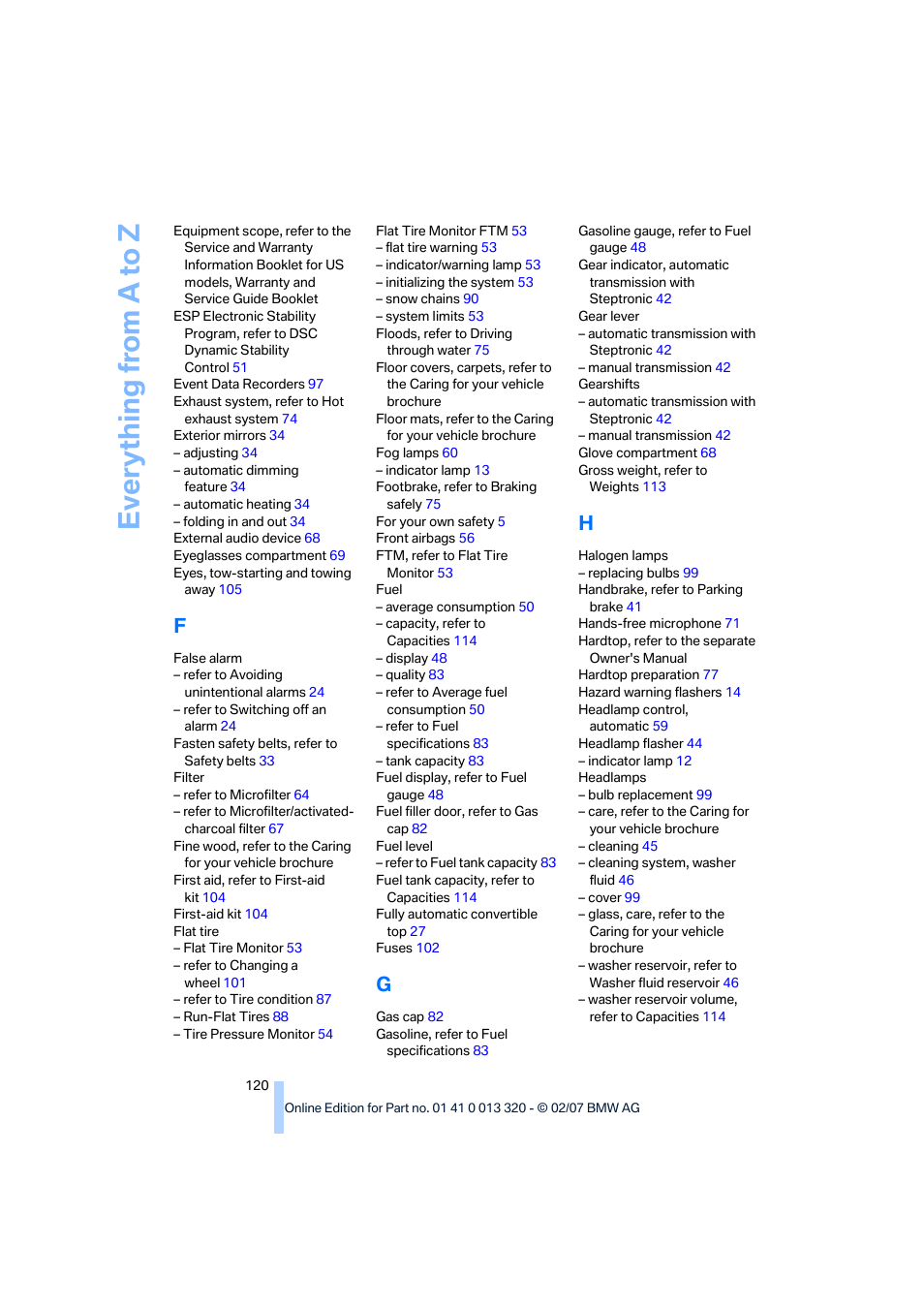 Everything from a to z | BMW Z4 Roadster 3.0si 2007 User Manual | Page 122 / 132