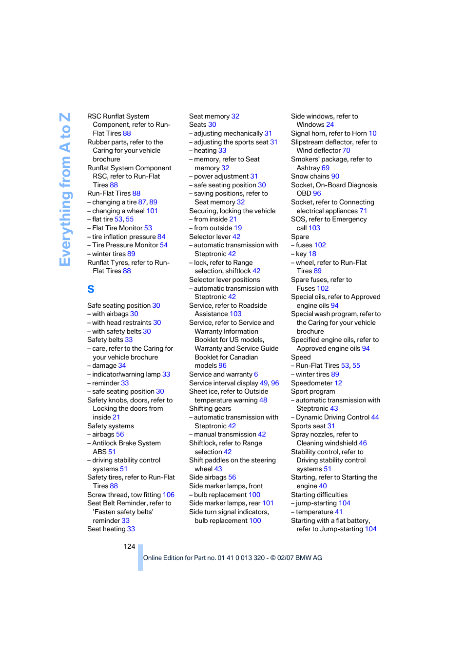 Everything from a to z | BMW Z4 Roadster 3.0si 2007 User Manual | Page 126 / 132