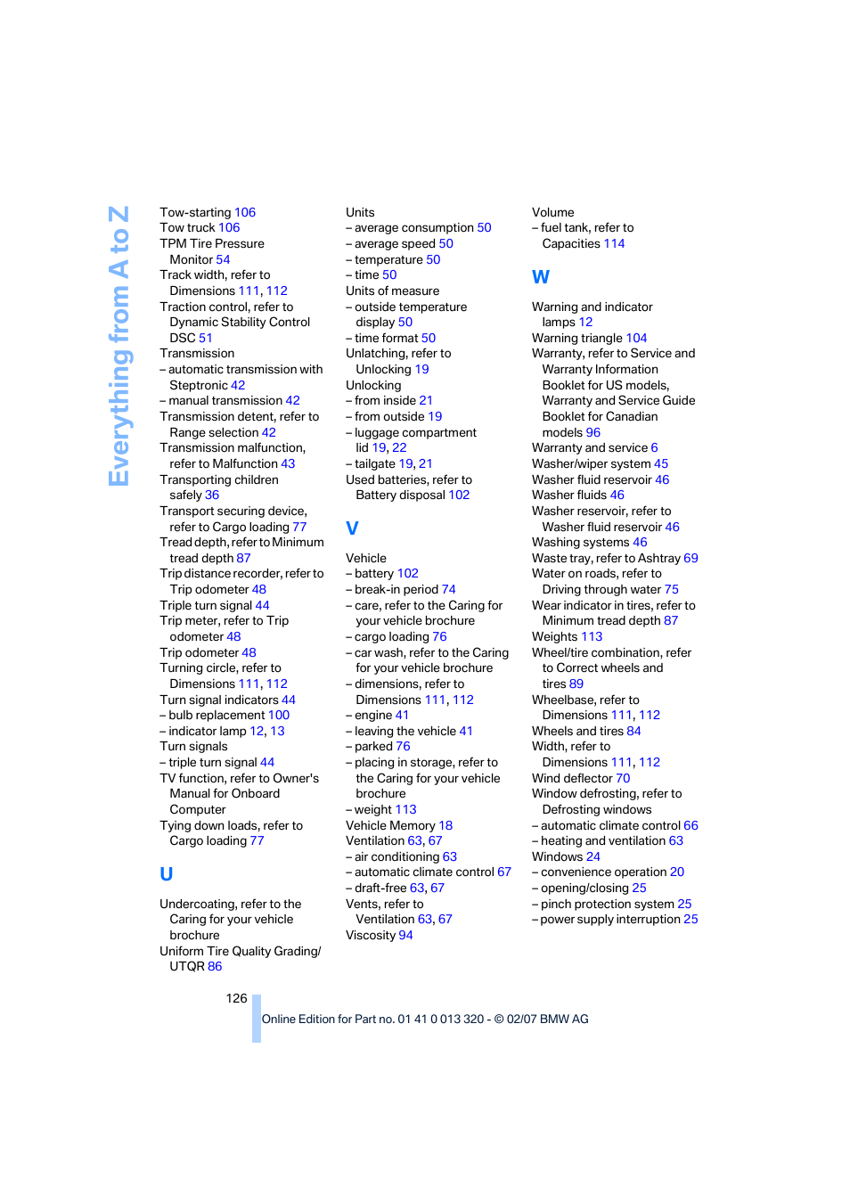 Everything from a to z | BMW Z4 Roadster 3.0si 2007 User Manual | Page 128 / 132