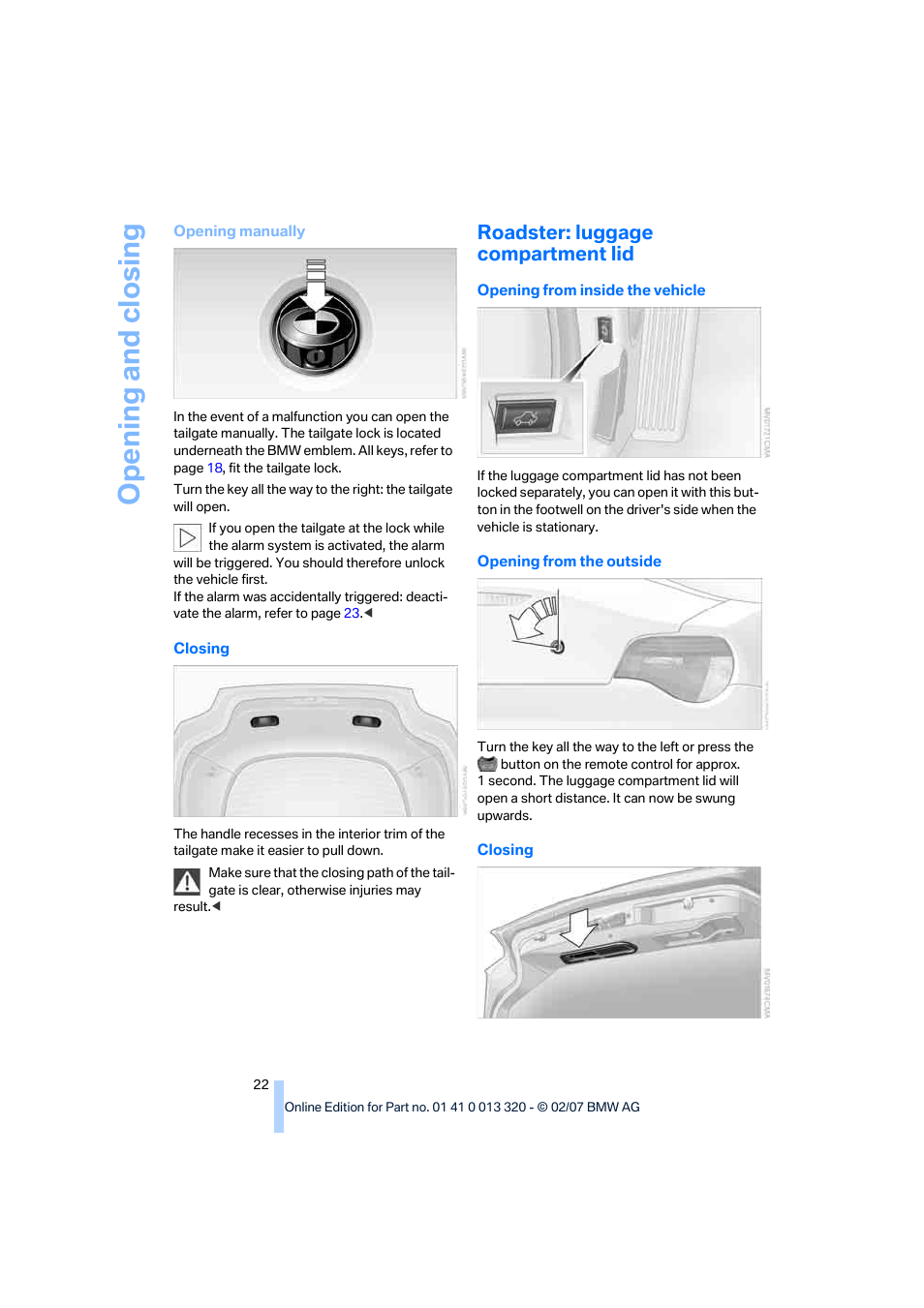 Roadster: luggage compartment lid, Opening and closing | BMW Z4 Roadster 3.0si 2007 User Manual | Page 24 / 132