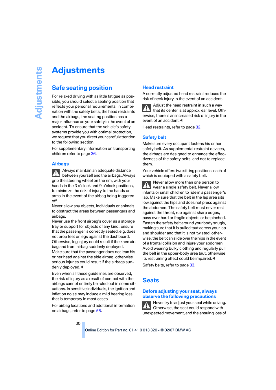 Adjustments, Safe seating position, Seats | Adju stmen ts | BMW Z4 Roadster 3.0si 2007 User Manual | Page 32 / 132