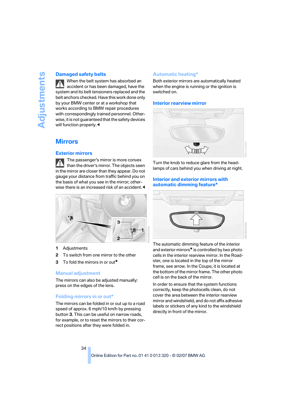 Mirrors, Adju stmen ts | BMW Z4 Roadster 3.0si 2007 User Manual | Page 36 / 132