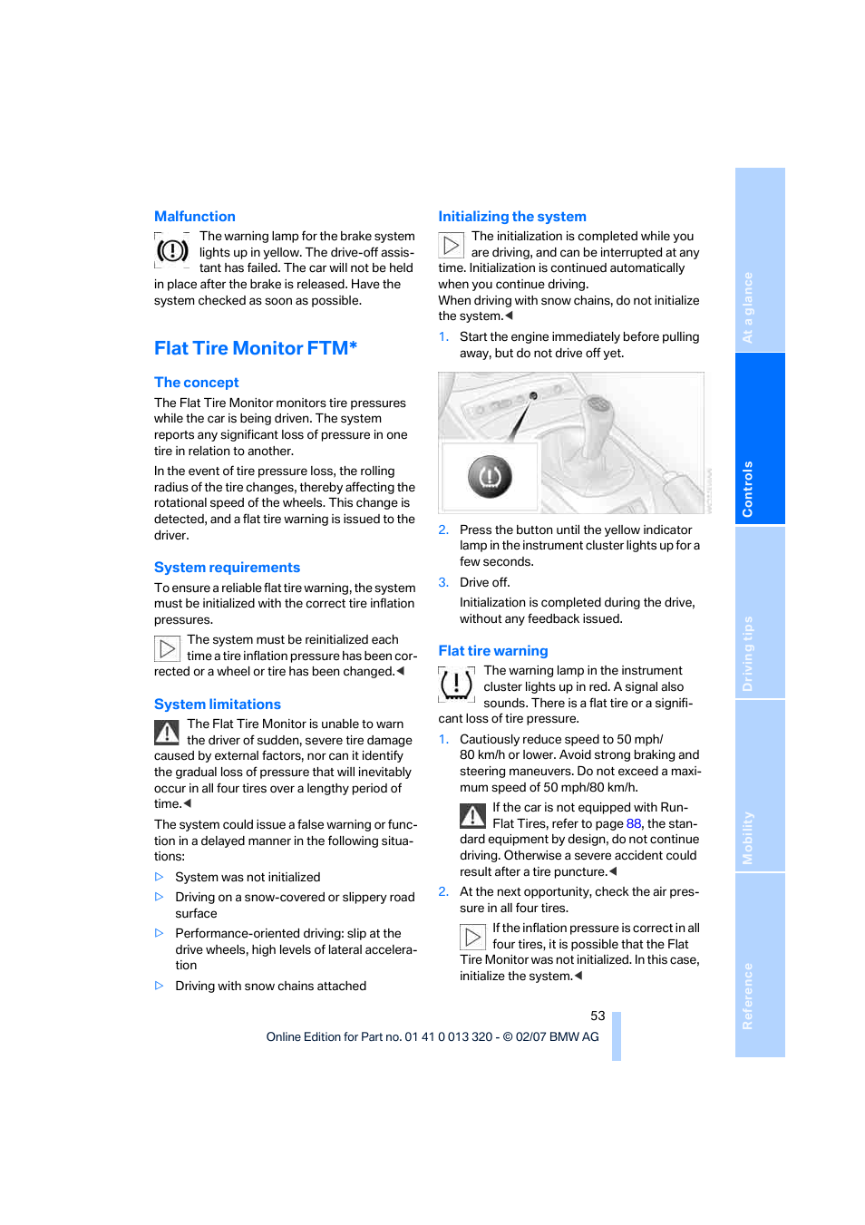 Flat tire monitor ftm | BMW Z4 Roadster 3.0si 2007 User Manual | Page 55 / 132