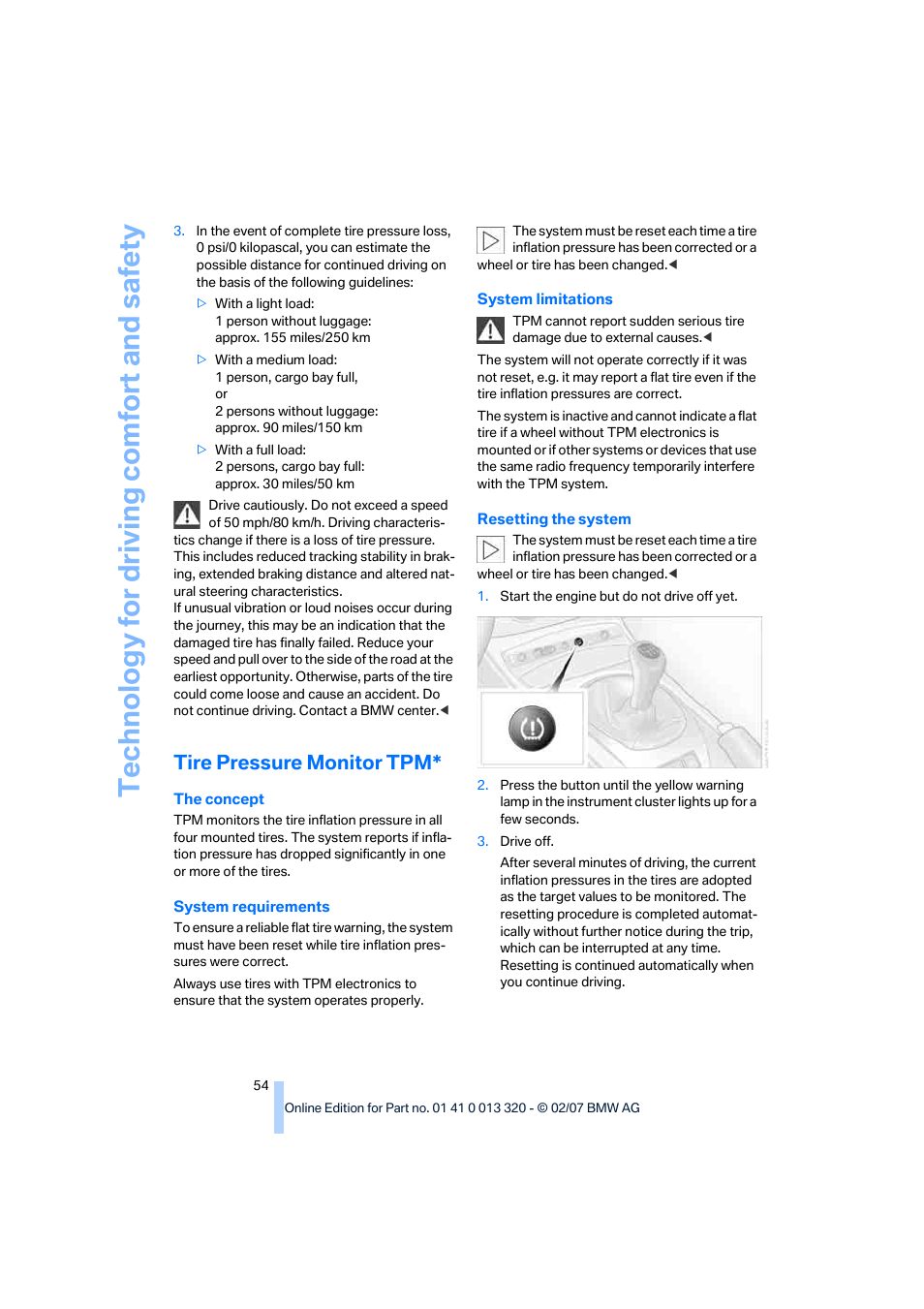 Tire pressure monitor tpm, Te chnology for driving comfort and safe ty | BMW Z4 Roadster 3.0si 2007 User Manual | Page 56 / 132