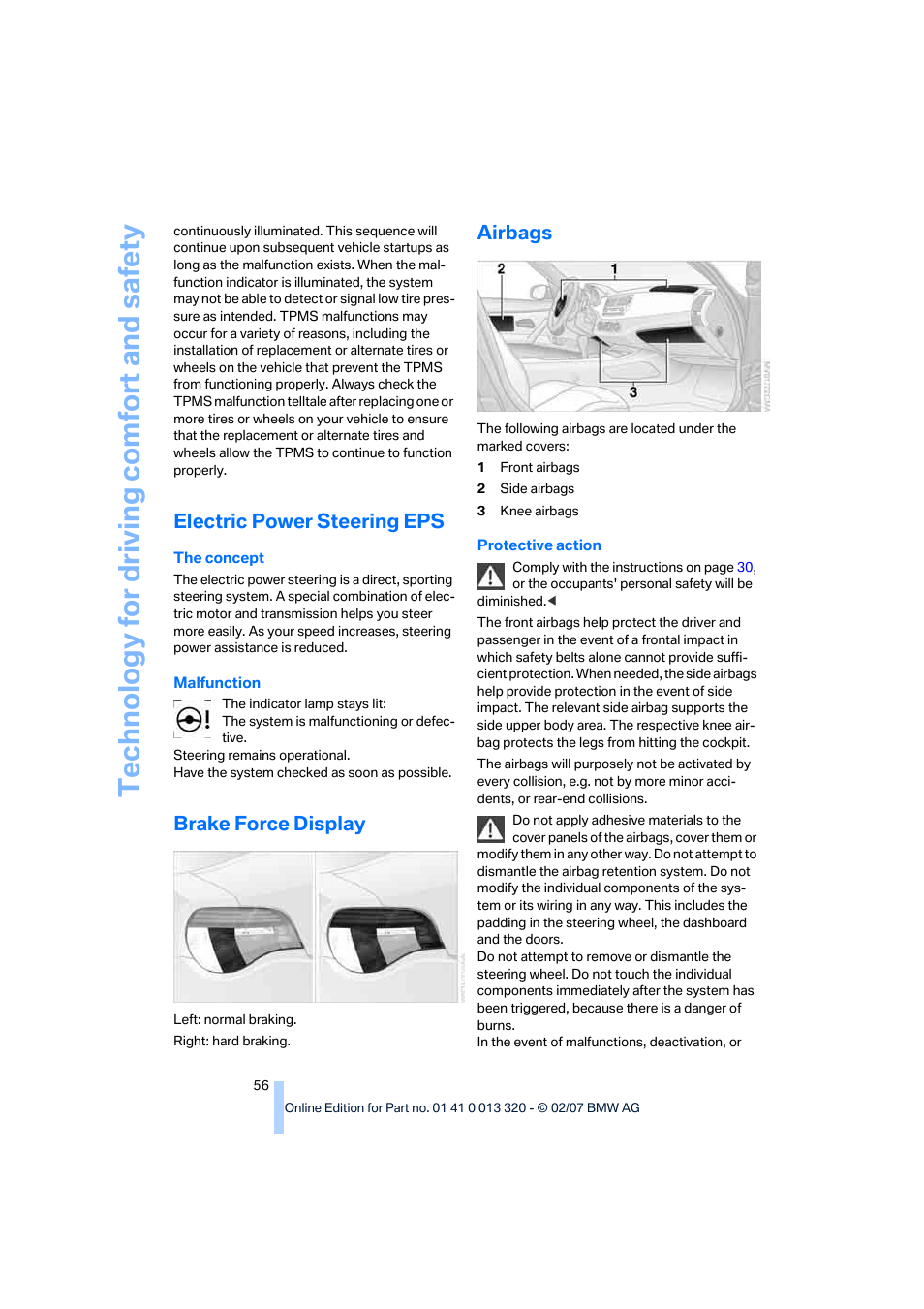 Electric power steering eps, Brake force display, Airbags | Te chnology for driving comfort and safe ty | BMW Z4 Roadster 3.0si 2007 User Manual | Page 58 / 132