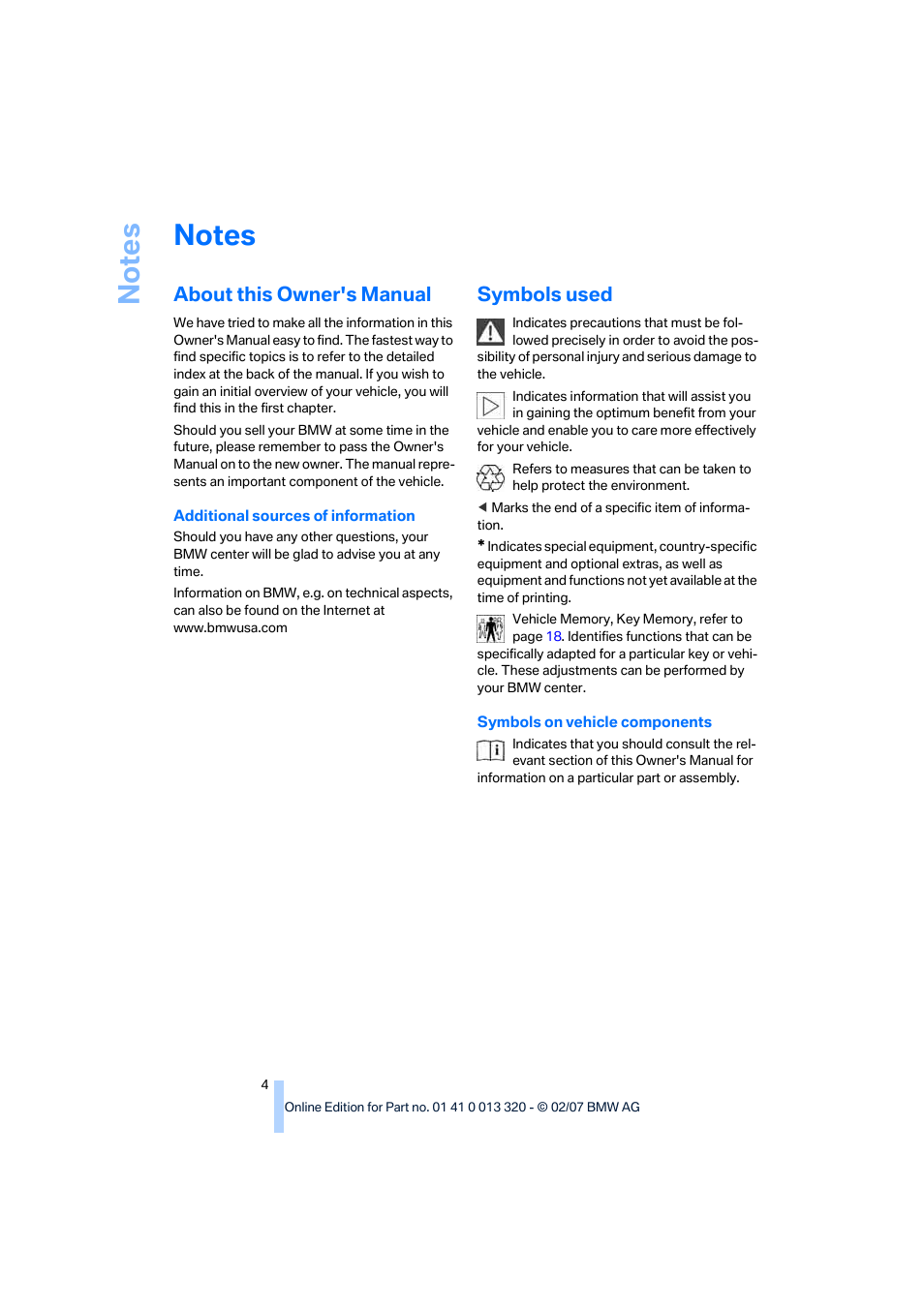 Notes, About this owner's manual, Symbols used | BMW Z4 Roadster 3.0si 2007 User Manual | Page 6 / 132