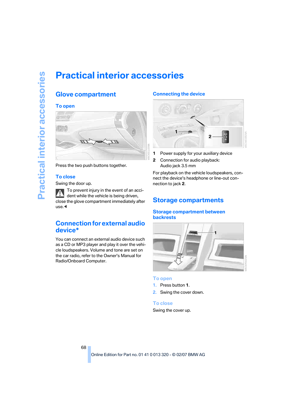 Practical interior accessories, Glove compartment, Connection for external audio device | Storage compartments, Practical interi or acc ess orie s | BMW Z4 Roadster 3.0si 2007 User Manual | Page 70 / 132