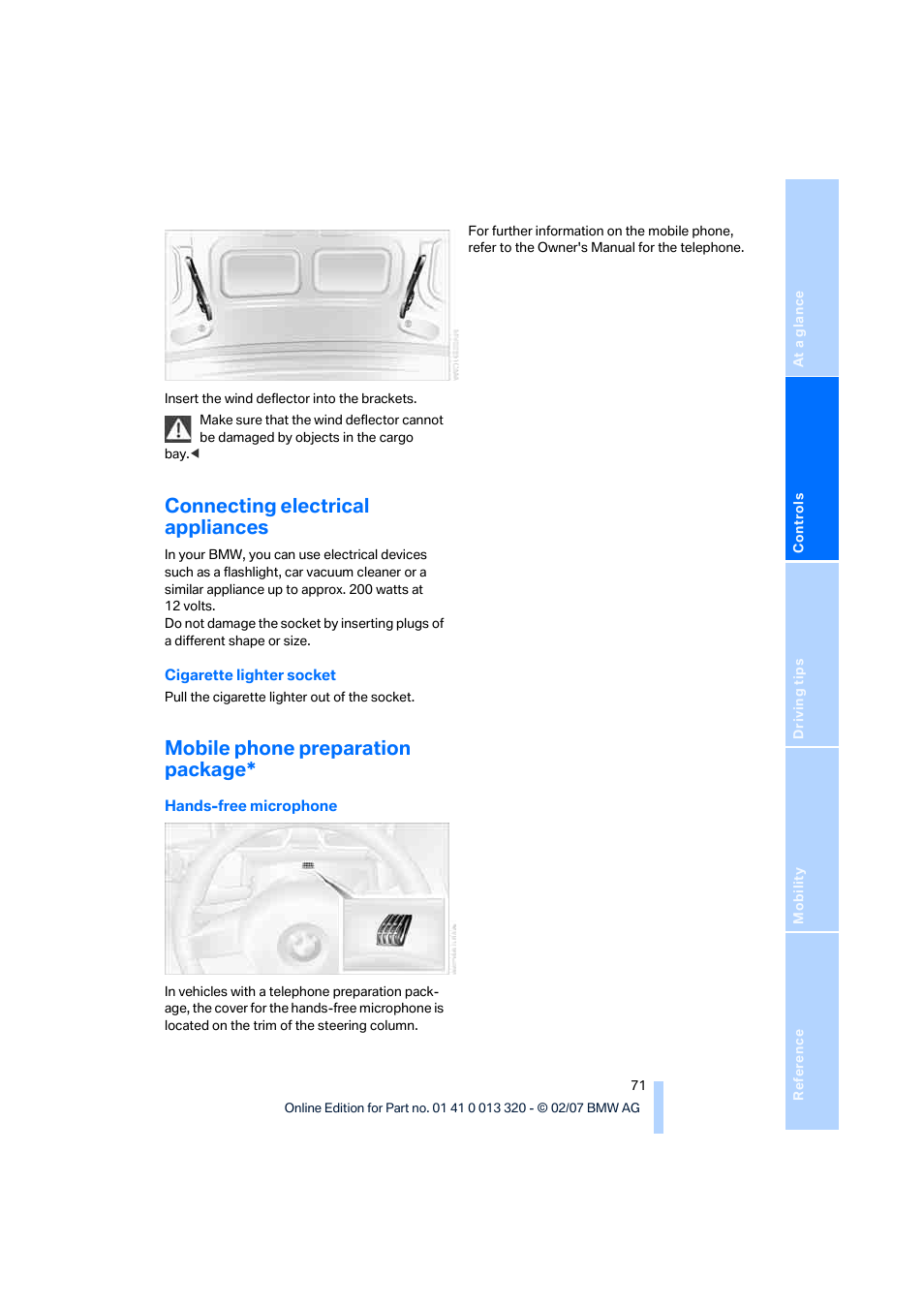 Connecting electrical appliances, Mobile phone preparation package | BMW Z4 Roadster 3.0si 2007 User Manual | Page 73 / 132