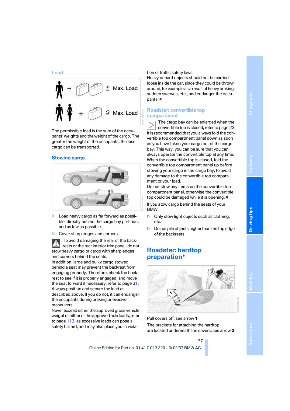 Roadster: hardtop preparation | BMW Z4 Roadster 3.0si 2007 User Manual | Page 79 / 132