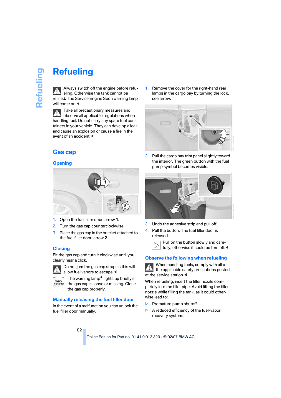 Refueling, Gas cap, Ilit | Re fueling | BMW Z4 Roadster 3.0si 2007 User Manual | Page 84 / 132