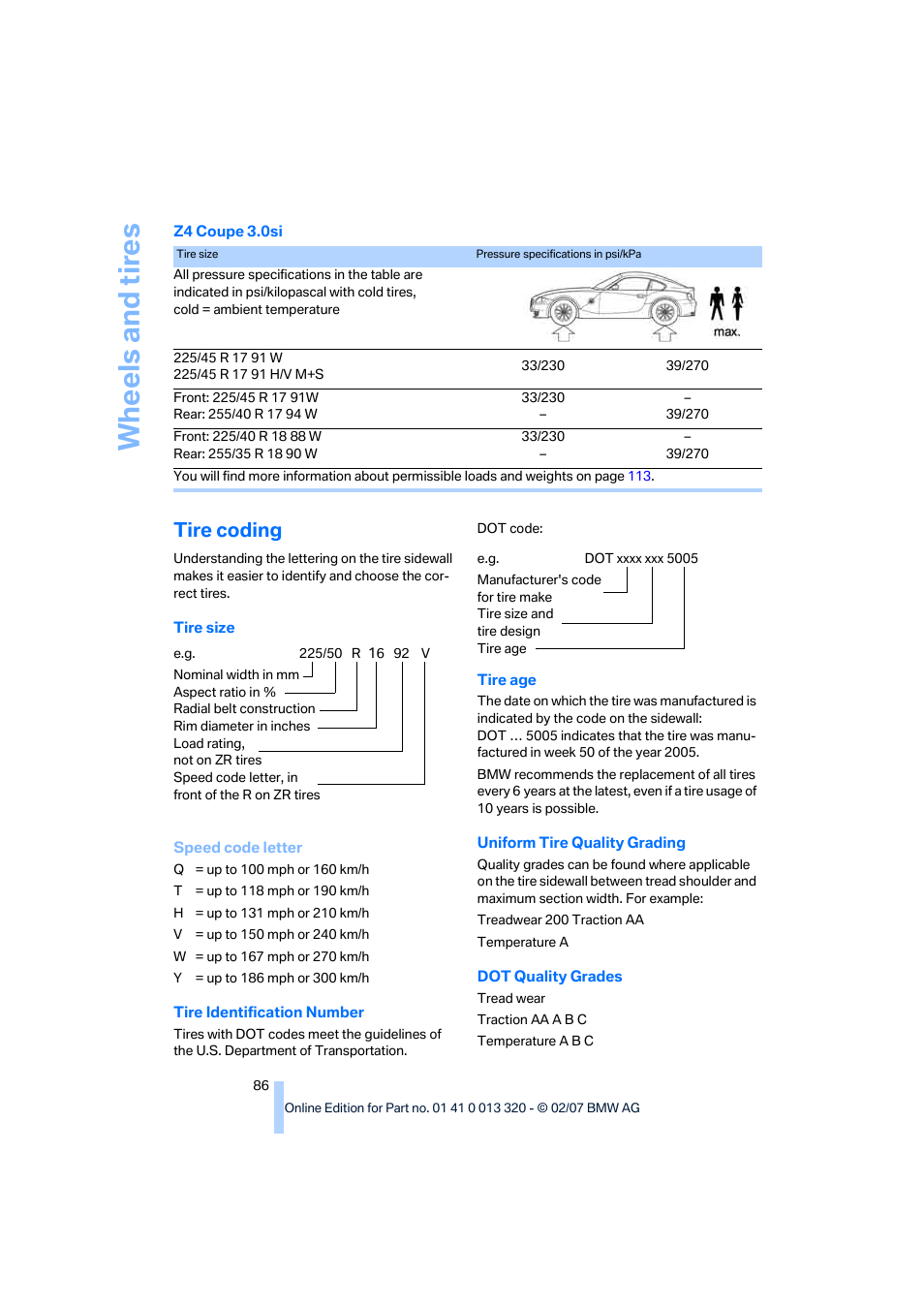 Tire coding, Wh eels and tire s | BMW Z4 Roadster 3.0si 2007 User Manual | Page 88 / 132