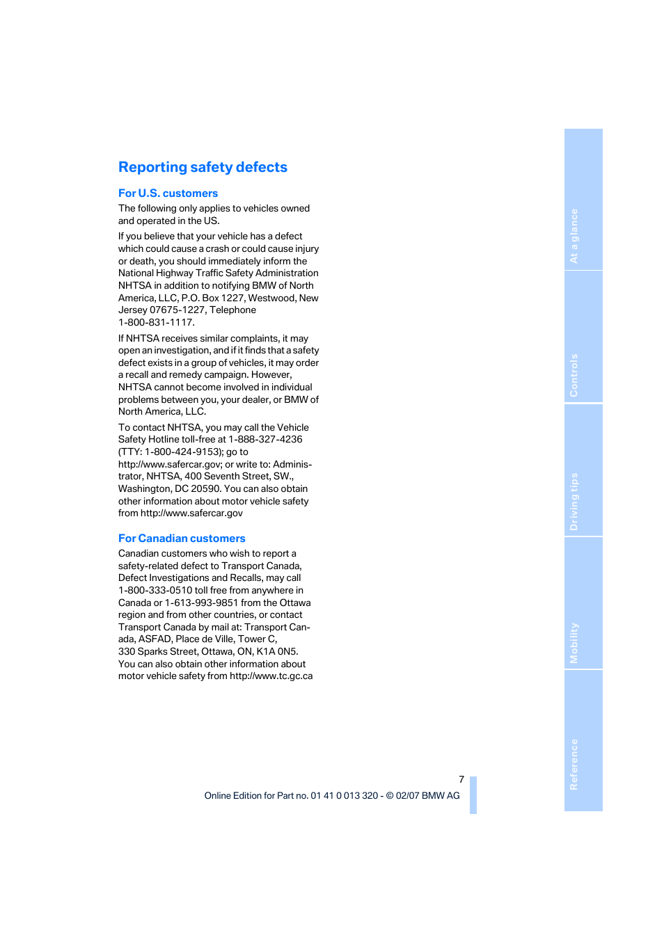 Reporting safety defects | BMW Z4 Roadster 3.0si 2007 User Manual | Page 9 / 132