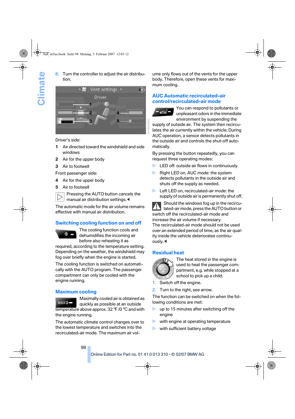 Climate | BMW M5 Sedan 2007 User Manual | Page 100 / 256