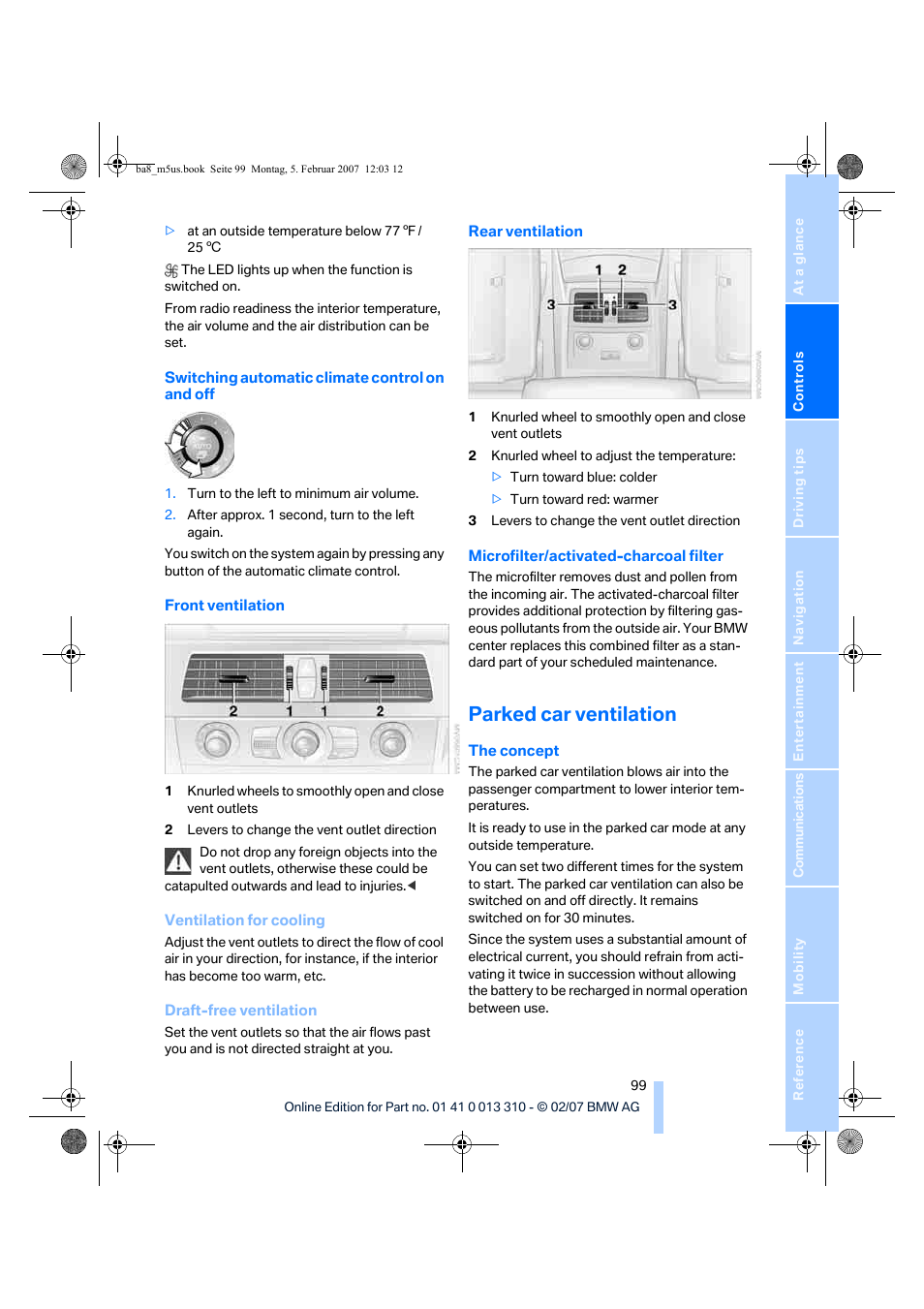 Parked car ventilation | BMW M5 Sedan 2007 User Manual | Page 101 / 256