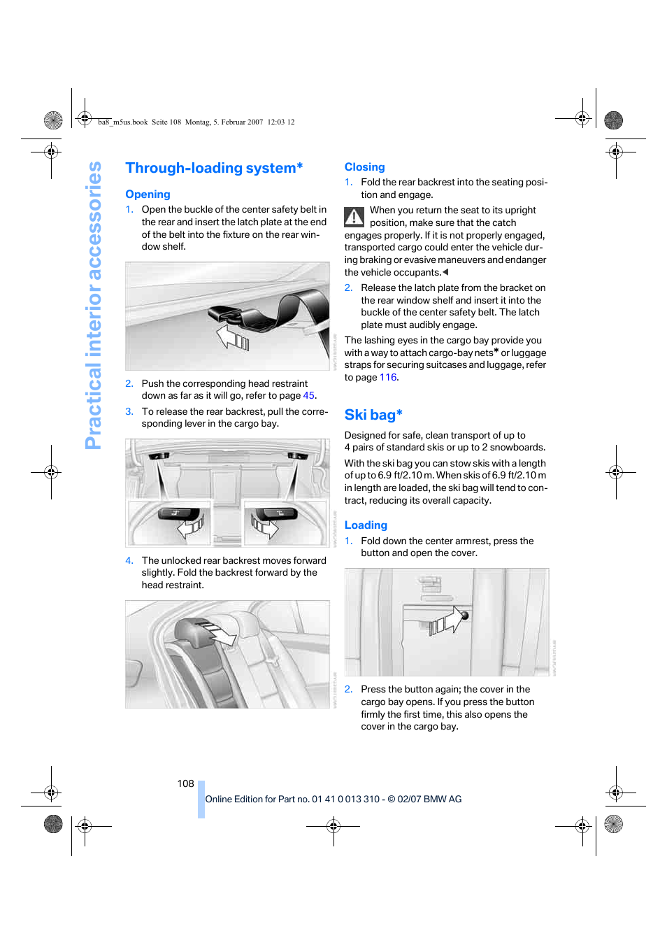 Through-loading system, Ski bag, Practical interi or acc ess orie s | BMW M5 Sedan 2007 User Manual | Page 110 / 256