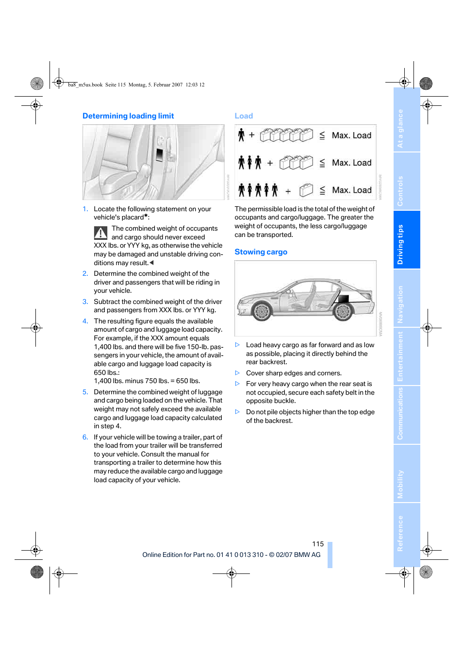 BMW M5 Sedan 2007 User Manual | Page 117 / 256