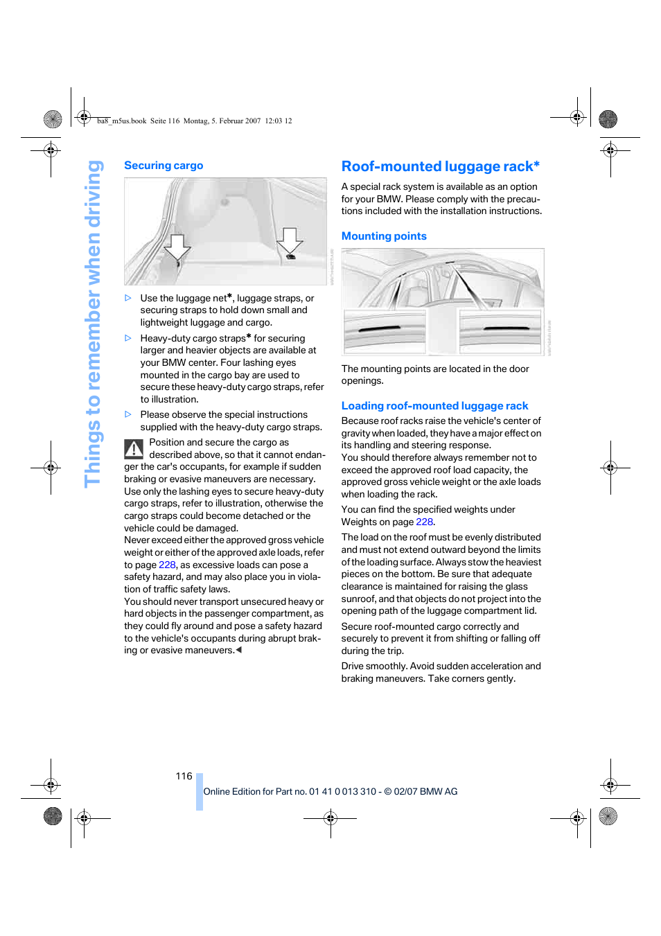 Roof-mounted luggage rack, Things to re memb er when driving | BMW M5 Sedan 2007 User Manual | Page 118 / 256