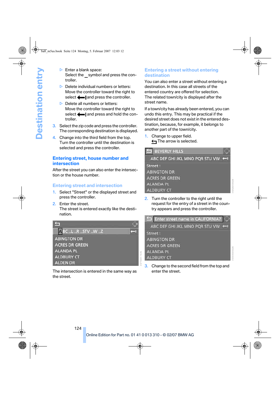 Destination entry | BMW M5 Sedan 2007 User Manual | Page 126 / 256