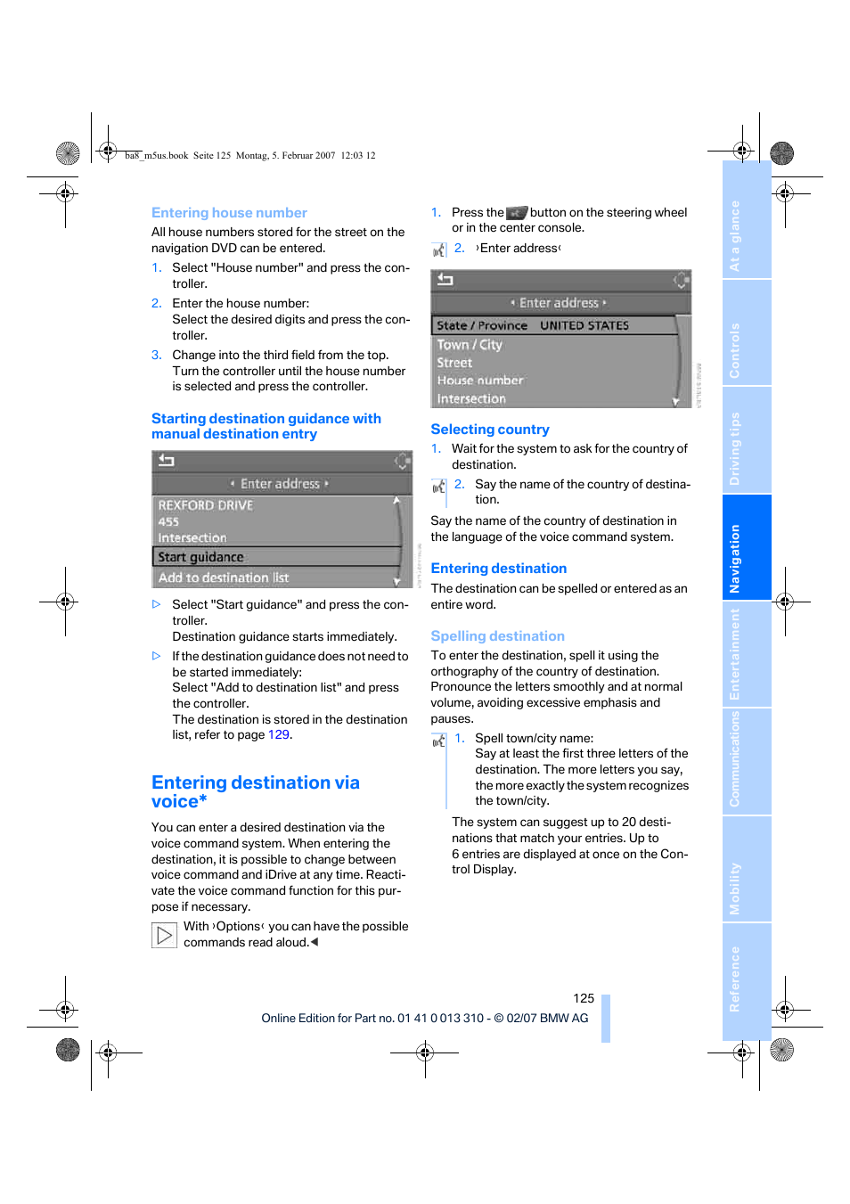 Entering destination via voice | BMW M5 Sedan 2007 User Manual | Page 127 / 256