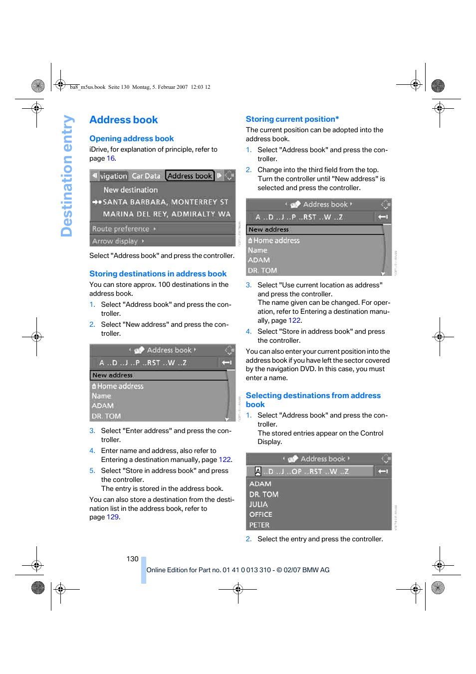 Address book, Destination entry | BMW M5 Sedan 2007 User Manual | Page 132 / 256