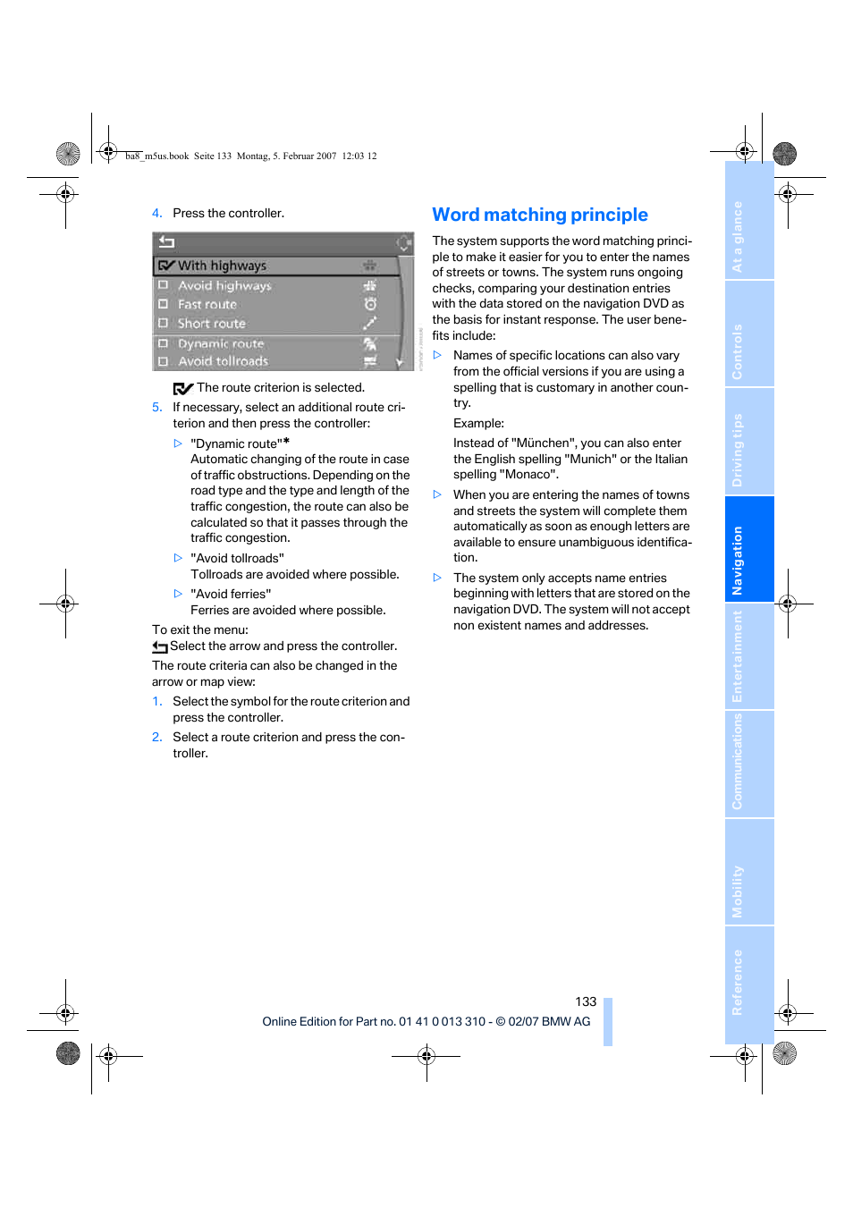 Word matching principle | BMW M5 Sedan 2007 User Manual | Page 135 / 256