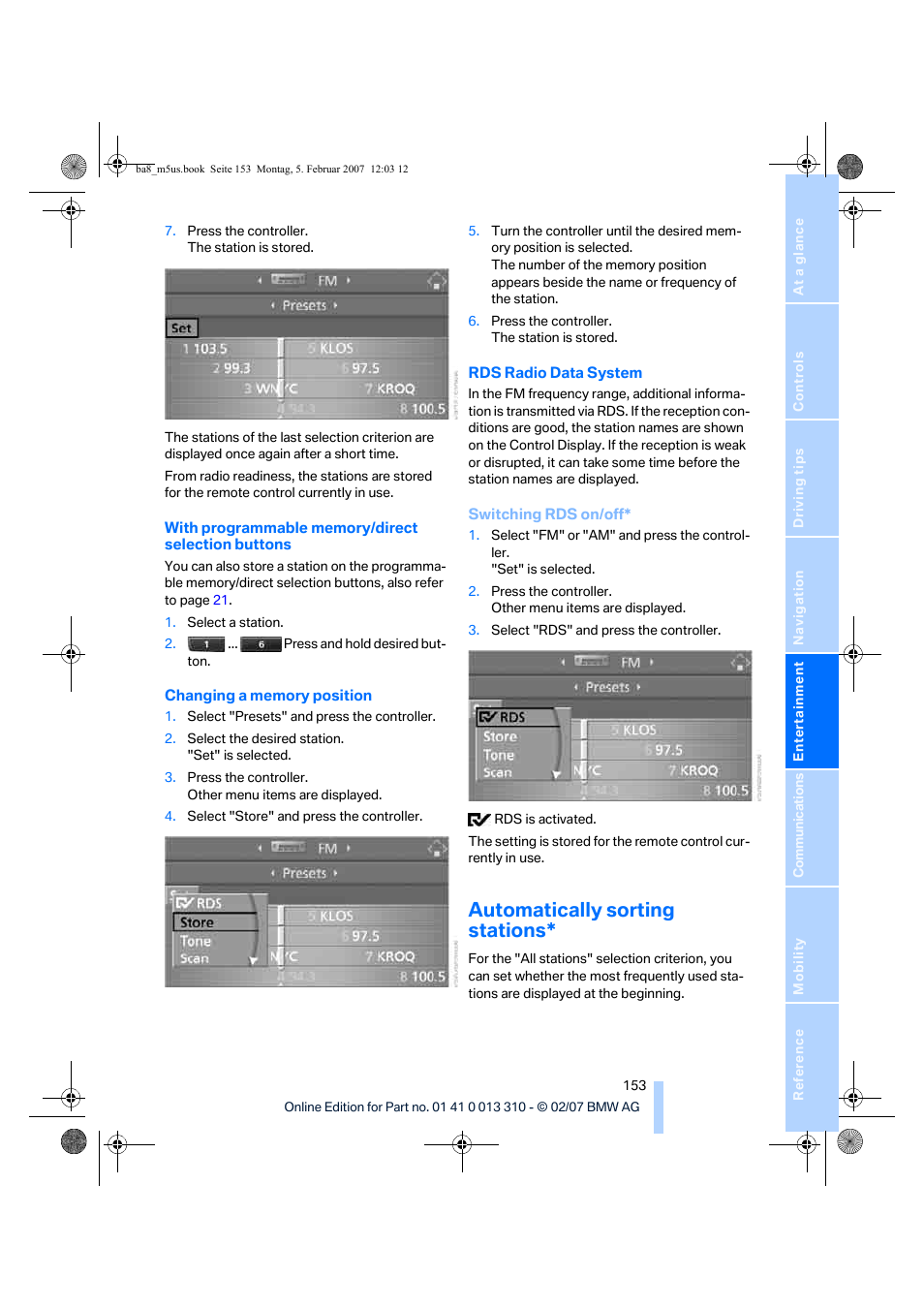 Automatically sorting stations | BMW M5 Sedan 2007 User Manual | Page 155 / 256