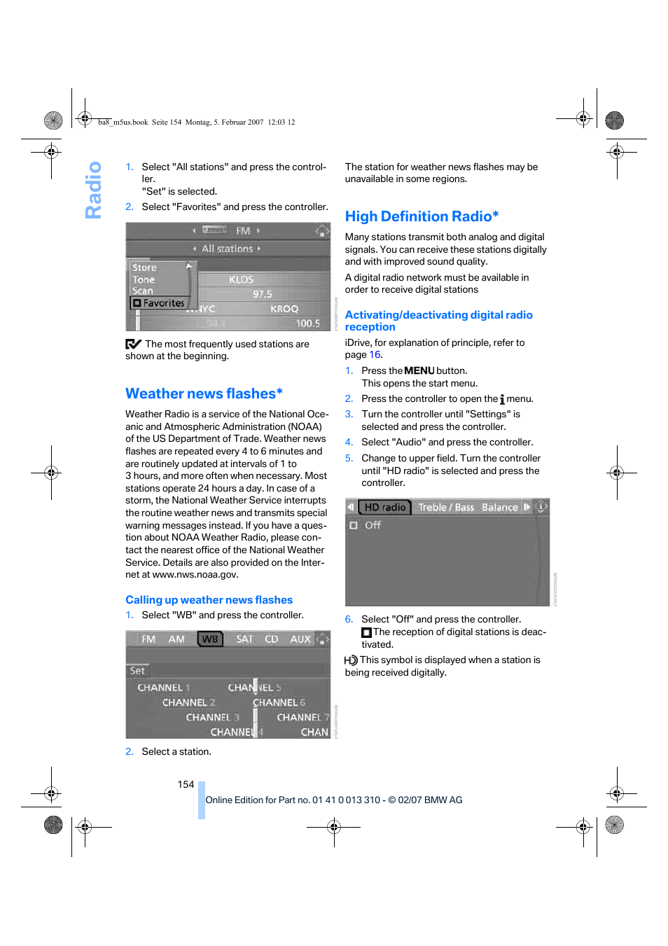 Weather news flashes, High definition radio, Ra di o | BMW M5 Sedan 2007 User Manual | Page 156 / 256