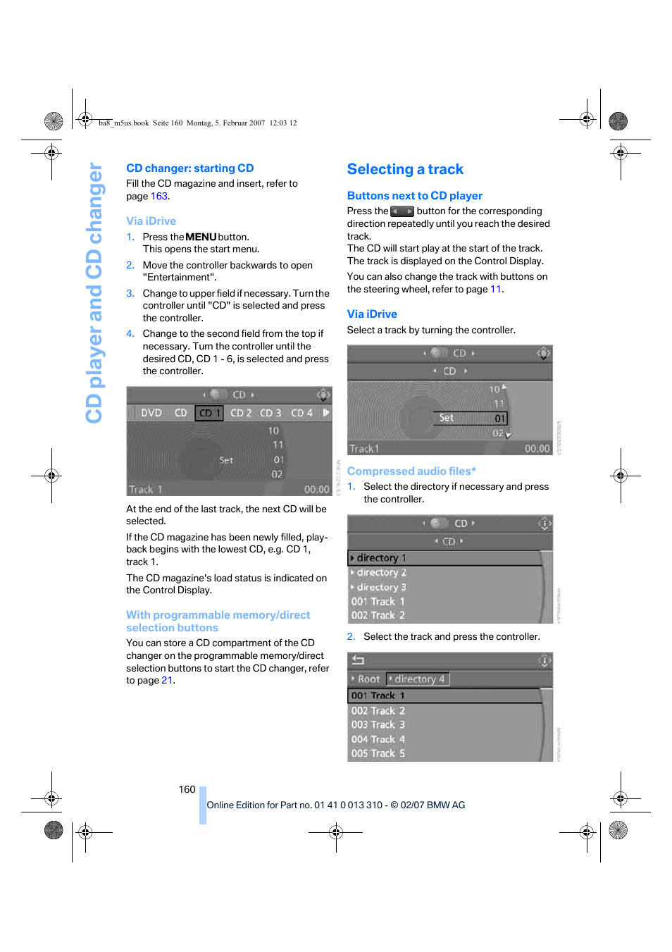 Selecting a track, Cd player and cd changer | BMW M5 Sedan 2007 User Manual | Page 162 / 256