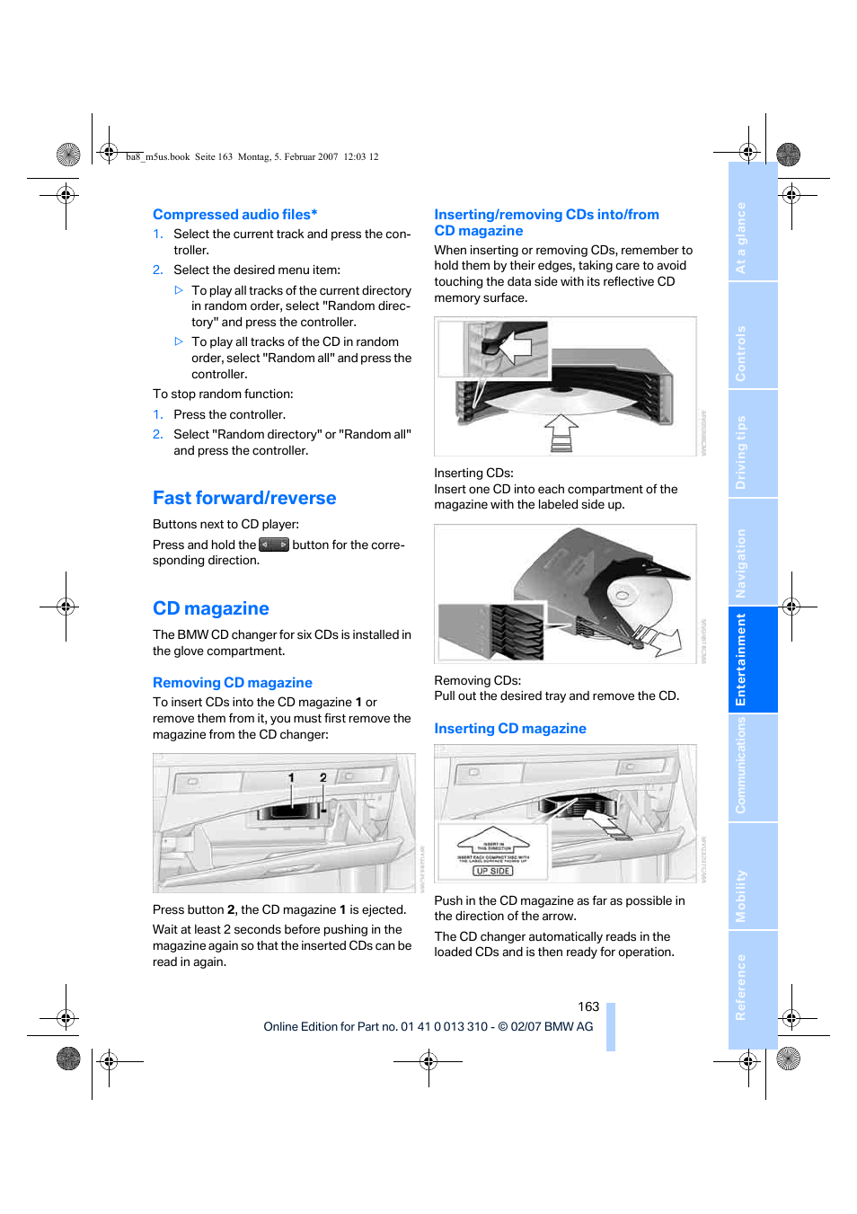 Fast forward/reverse, Cd magazine | BMW M5 Sedan 2007 User Manual | Page 165 / 256