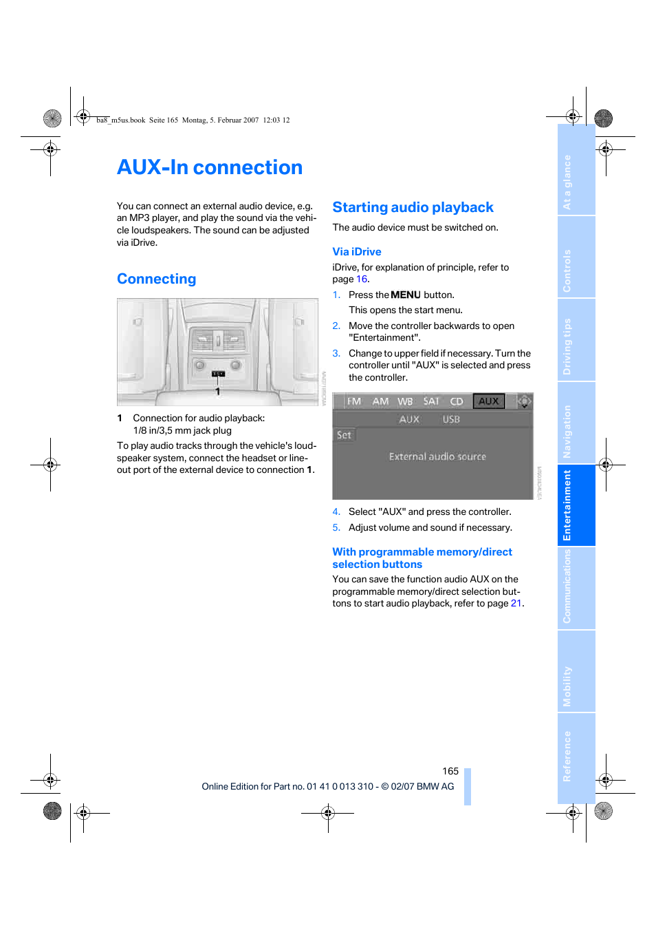 Connecting, Starting audio playback, Aux-in connection | BMW M5 Sedan 2007 User Manual | Page 167 / 256