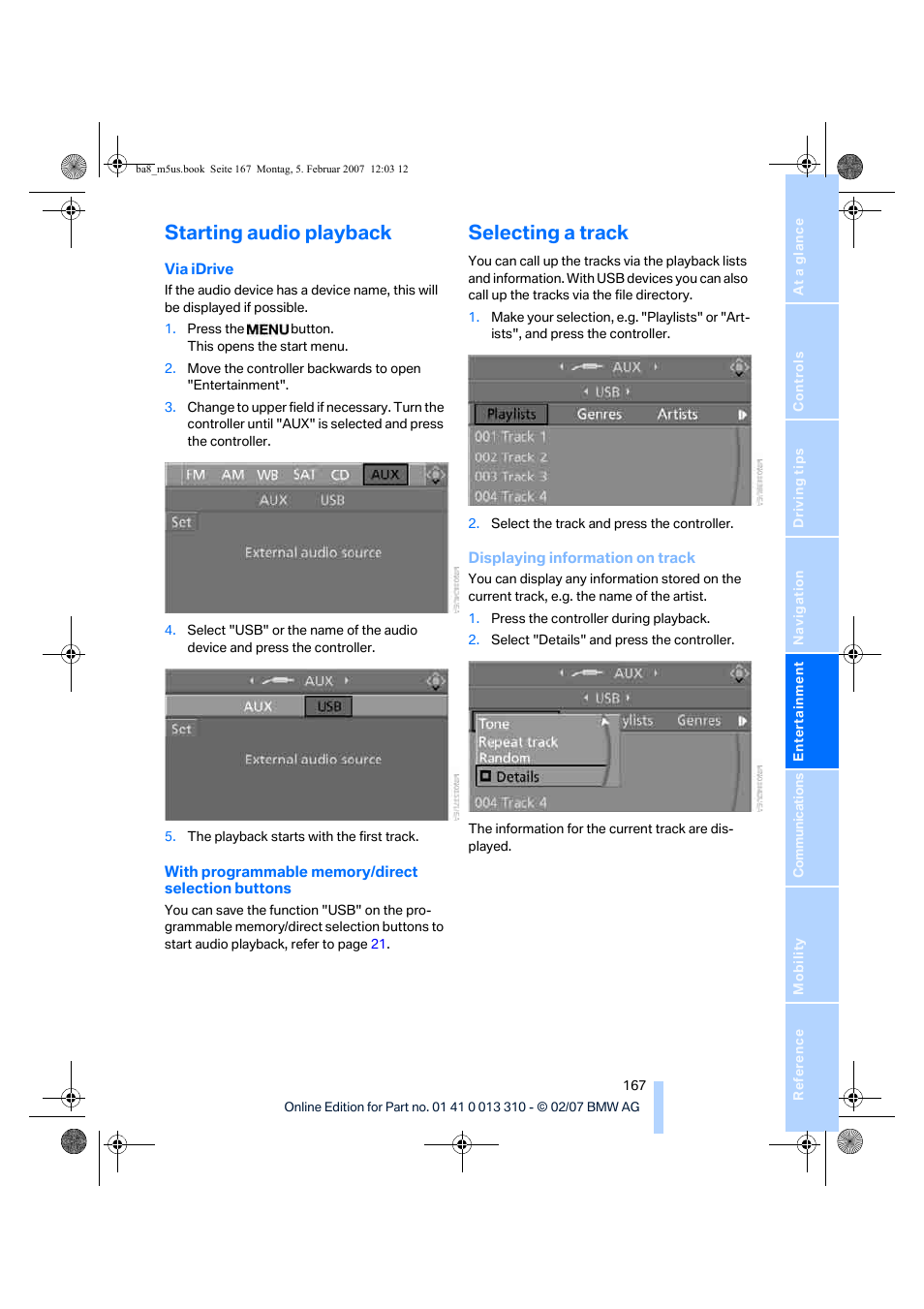 Starting audio playback, Selecting a track | BMW M5 Sedan 2007 User Manual | Page 169 / 256