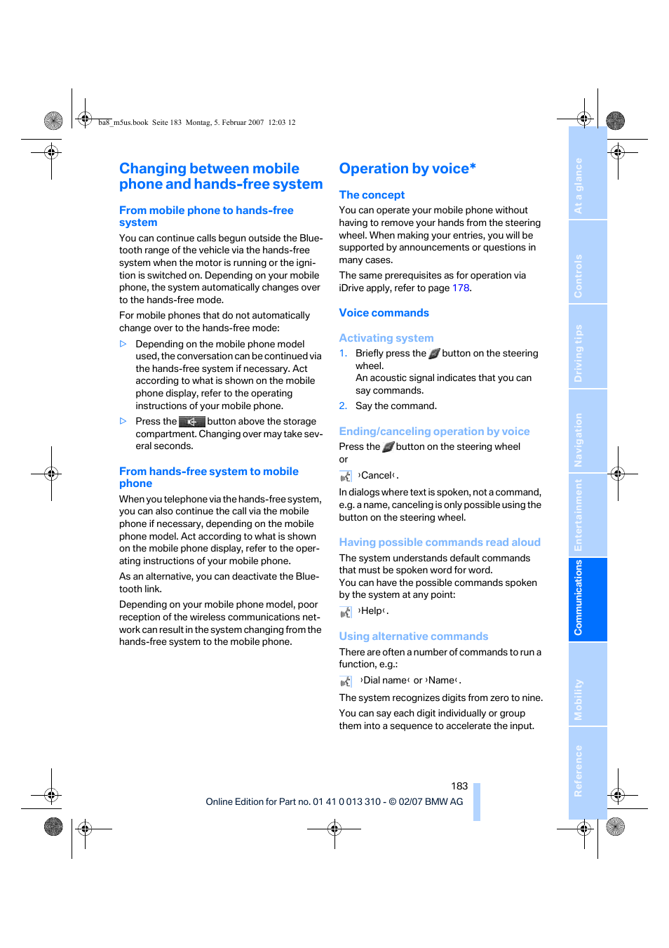 Operation by voice | BMW M5 Sedan 2007 User Manual | Page 185 / 256